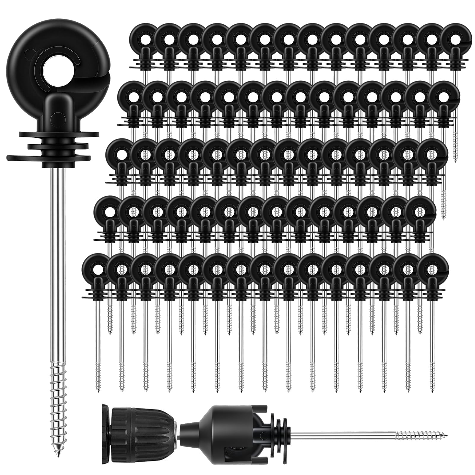 100 Piezas Aisladores de Valla Eléctrica, 150mm Aisladores de Rosca para Postes, Aislantes de Anillo con Llave de Tubo, para postes de madera, cercas de animales y pastoreo (Negro)