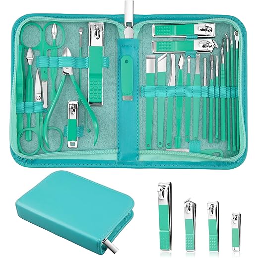 MINKINH Travel Manicure Set 26-Piece, Portable Nail Clippers Kit with PU Case, Carbon Steel Clippers, 410 Stainless Steel Grooming Tools, Hand Foot Facial Care for Luggage Backpack（Green）