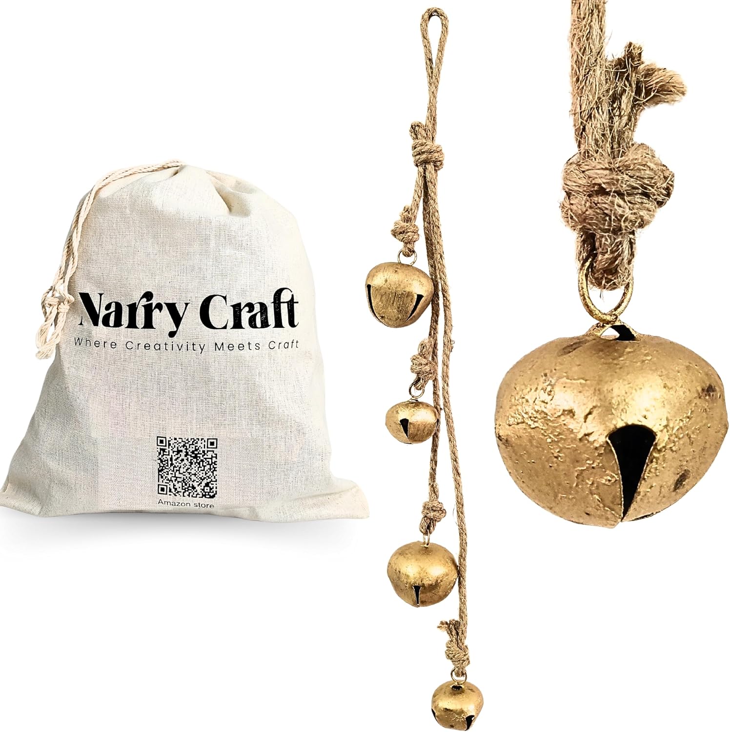 Rustic Hanging Ornaments Brass Bells – Handcrafted Wind Chimes with 1-Inch and 3-Inch Bells, Bell Cluster for Home, Garden, Porch Handmade Hanging Lucky Bells On Rope (Brass 5, Small 5)