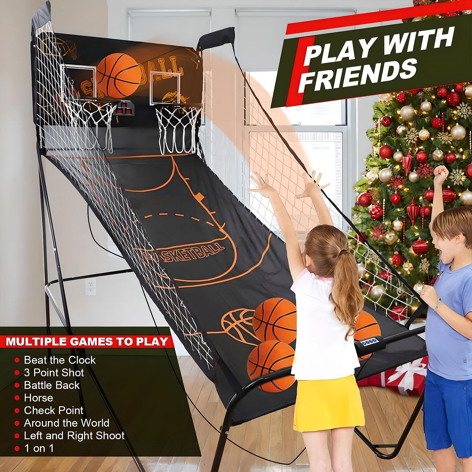 Doppio Gioco Arcade di Basket, Pieghevole Partita a Cerchio di Basket con 8 modalità di Gioco, Macchina da tiro al punteggio elettronico con 5 Palline e tabellone LCD, per Famiglie e Feste