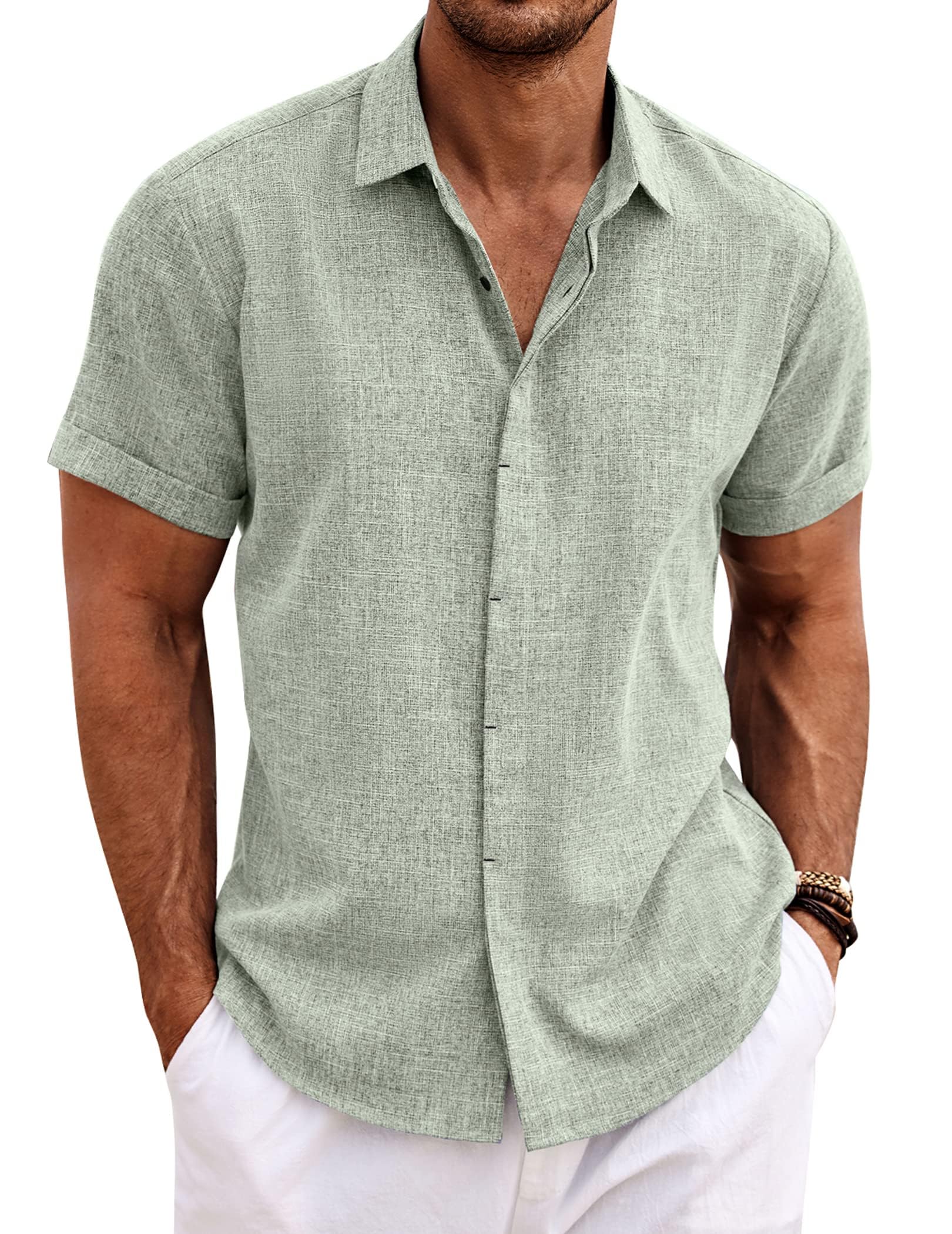 COOFANDY Camisa de Lino para Hombre Camisa de Manga Corta con Botones Camisas Informales de Ajuste Regular Camisa de Lino de Playa de Verano