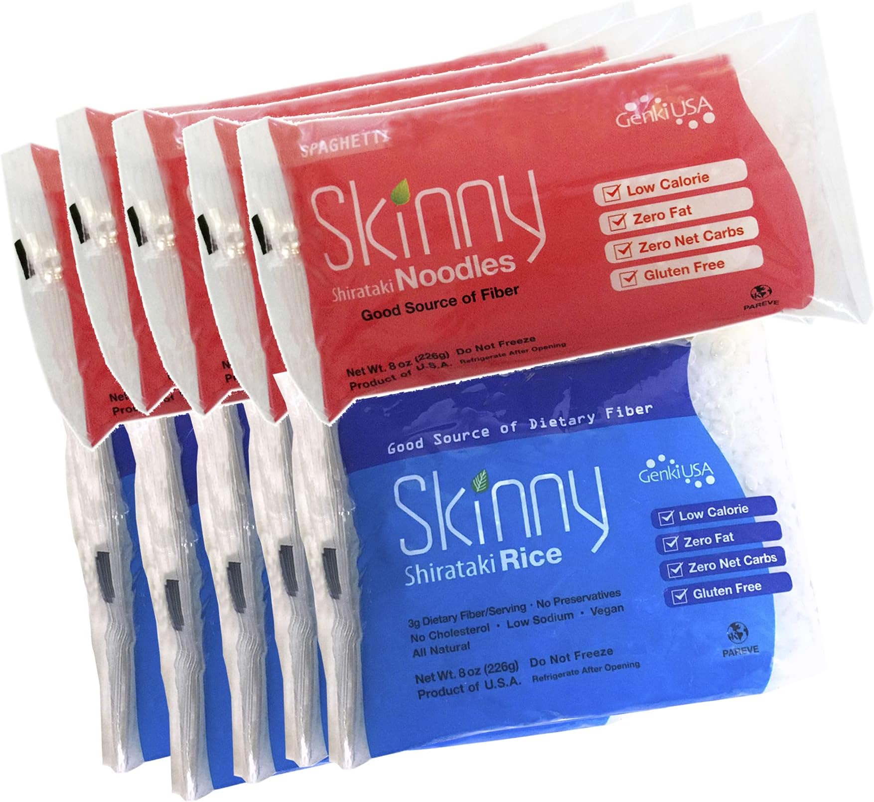 Skinny Shirataki Noodles, Pasta, Keto, Low Carb, Low Calorie, Healthy, Konjac, Konnyaku, Gluten-Free, Plant Based, Made in USA (Combo Spaghetti Rice, 8 Ounce, Pack of 10)