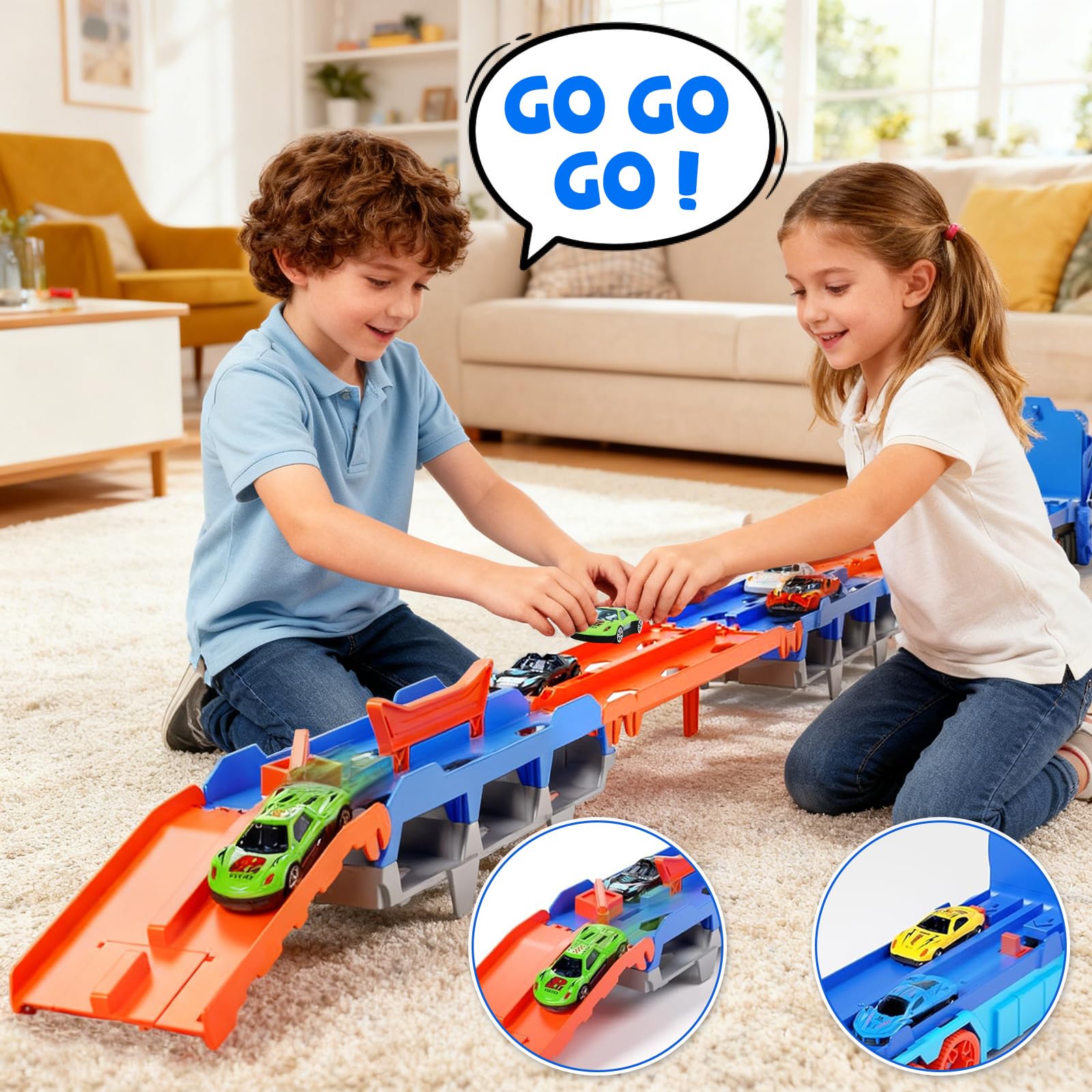 Camion dei Trasporti Dinosauro Giocattolo per Bambini, Giocattolo 3 in 1 con Pista Piegevole e Lanciatore, Camion Portatile con 12 Auto da Corsa, Regalo per Bambini di 3 4 5 6 7 8 Anni