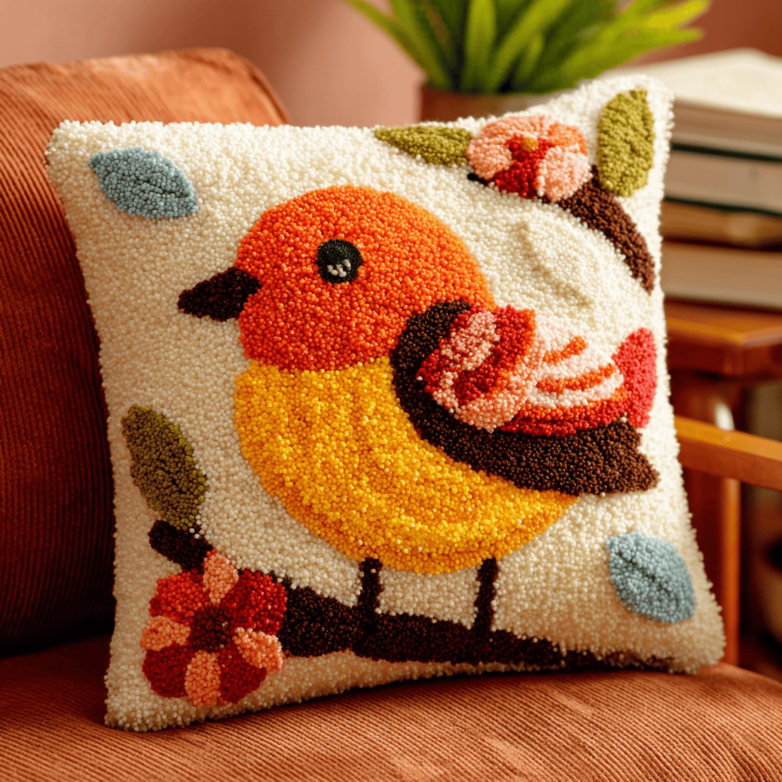 Taxpy Bird On Tree Latch Hook Cushion Kit,17x17in DIY Pillow Cover Craft Set with Yarn,Hook & Printed Canvas,Fun and Relaxing Handmade Gift for Beginners,Adults