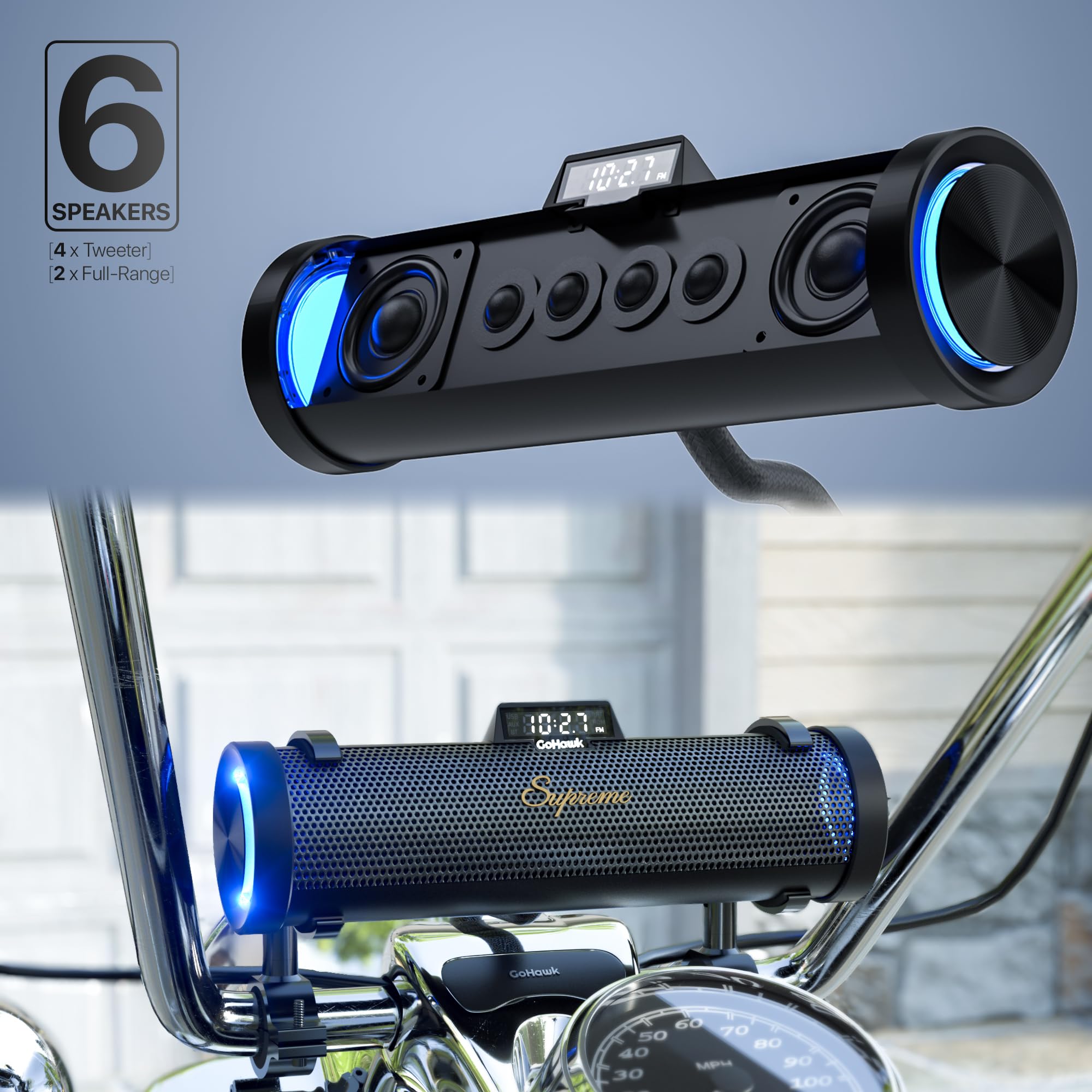 Bluetooth Motorcycle Speakers | 6-Speaker Waterproof Stereo System w/Built-in Amplifier | Aluminum Sound bar Music Player w/FM Radio, USB, LED | Great for Harley, ATV (RD88-S Black)