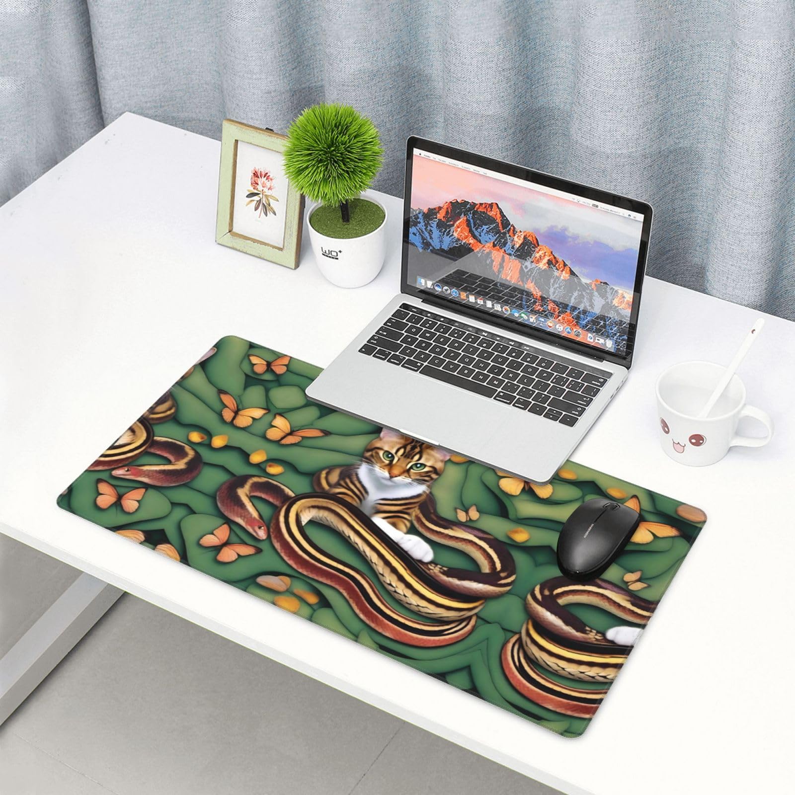 The Story of the Snake and the cat, tappetino da scrivania grande per tastiera, base in gomma, motivo stampato, per ufficio, gaming, laptop, PC, nero