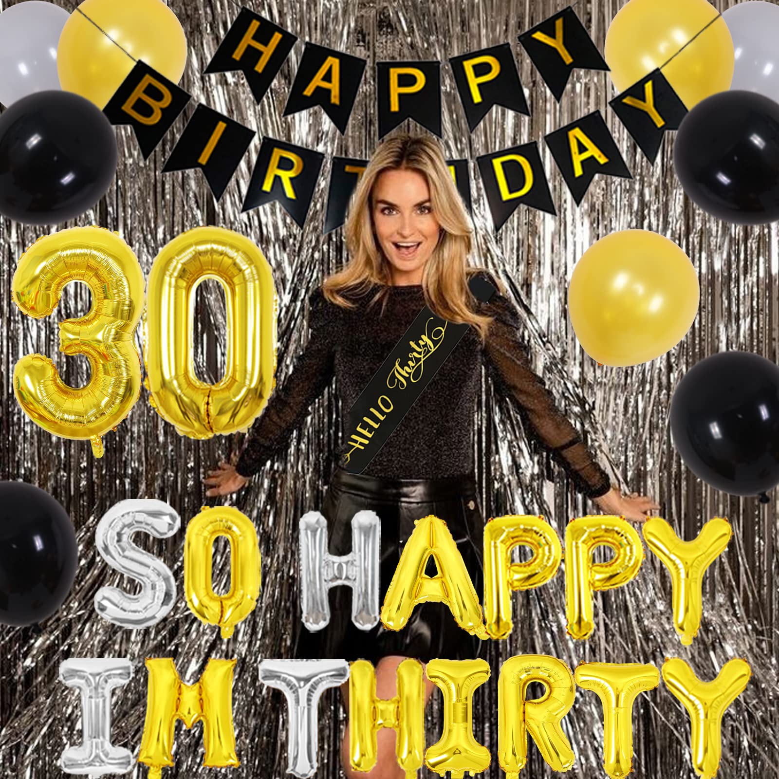 30. Geburtstag Dekoset In Schwarz-Gold – Mit Ballons, Banner, Torten-Topper & Vorhang