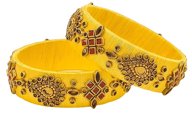 Yaalz Silk Thread Beautiful Broad Kada Bangles With Kundan Stones Chuda Bangle Sets For Women Kids Girls Babies In Multiple Colors