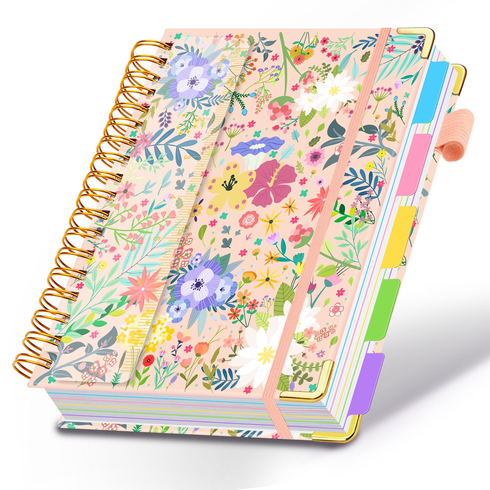 Cuadernos en espiral para el trabajo, 300 páginas, cuaderno de 5 materias, rayado universitario, con separadores y pestañas, cuaderno A5 para mujeres, estudiantes, tomar notas y organizador (flor