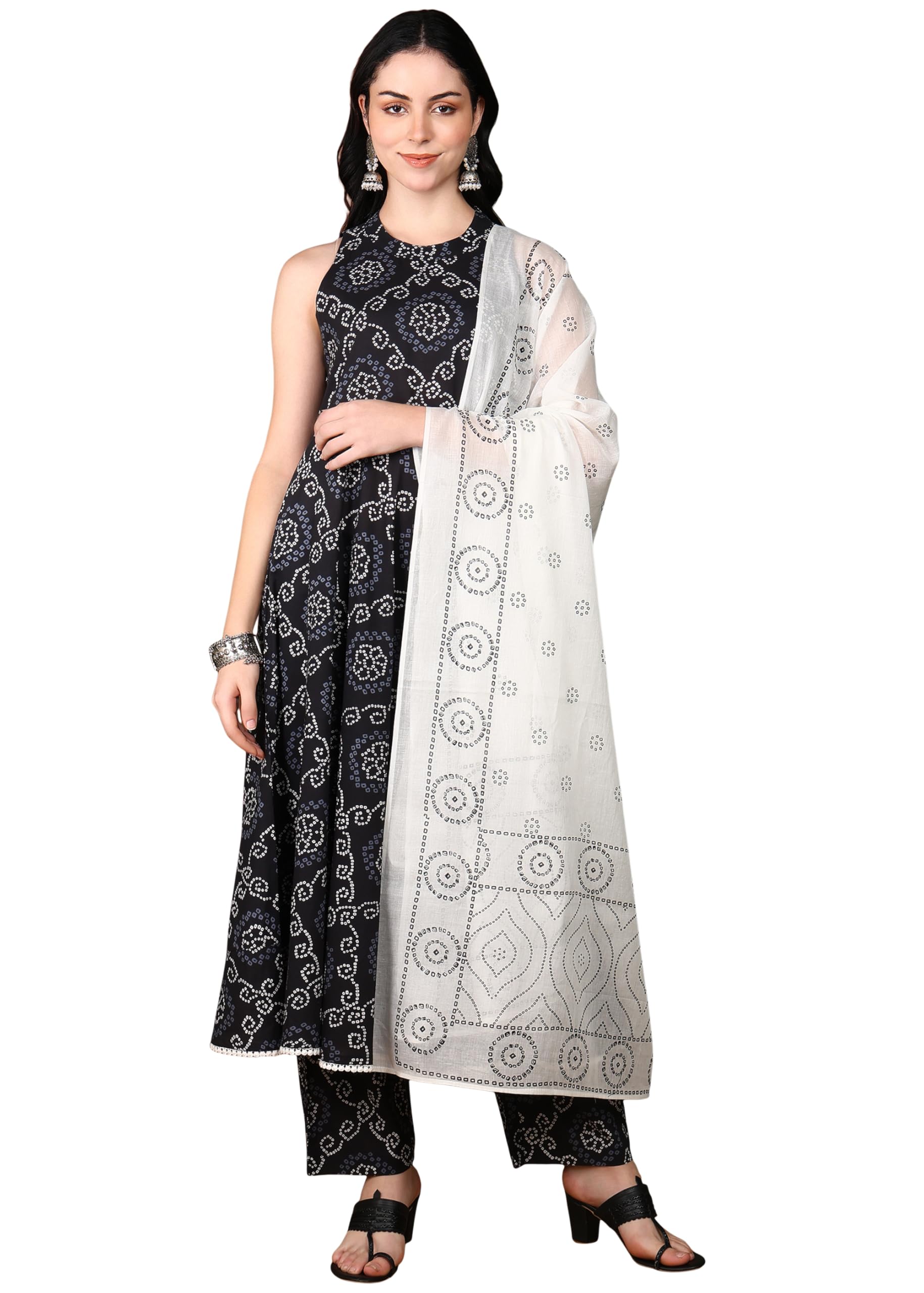 Yash Gallery Women's Cotton Bandhani Print Calf Length Halter Neck Sleeveless A-Line Kurta With Pant And Duptta