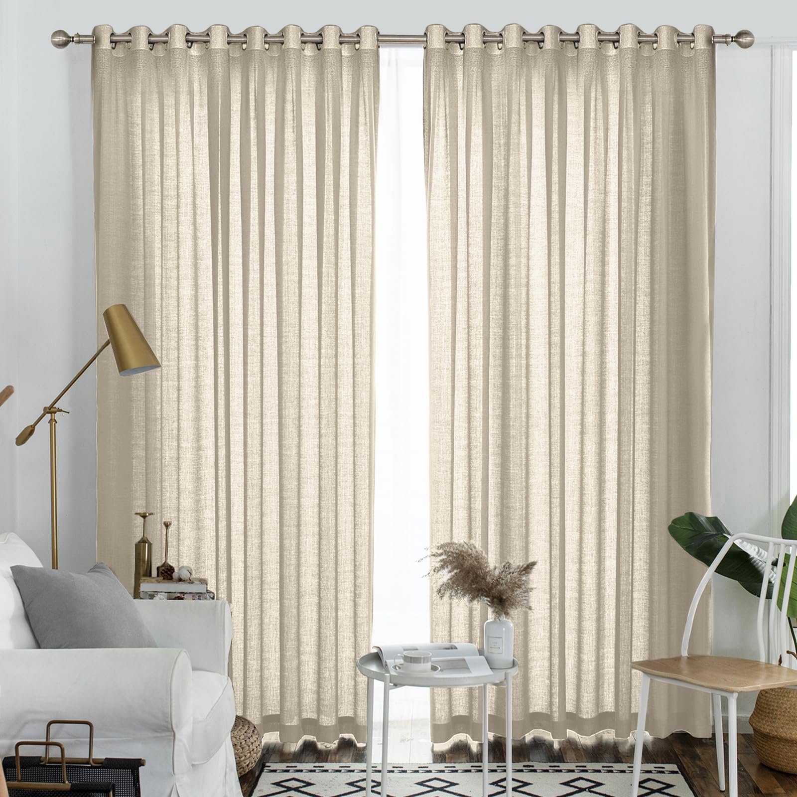 Melodieux Tan Semi Sheer Curtains 108 Inches Long for Living Room Patio Door, Extra Long Bedroom Linen Look Rustic Grommet Sheer Drapes, 52" W x 108" L, 2 Panels