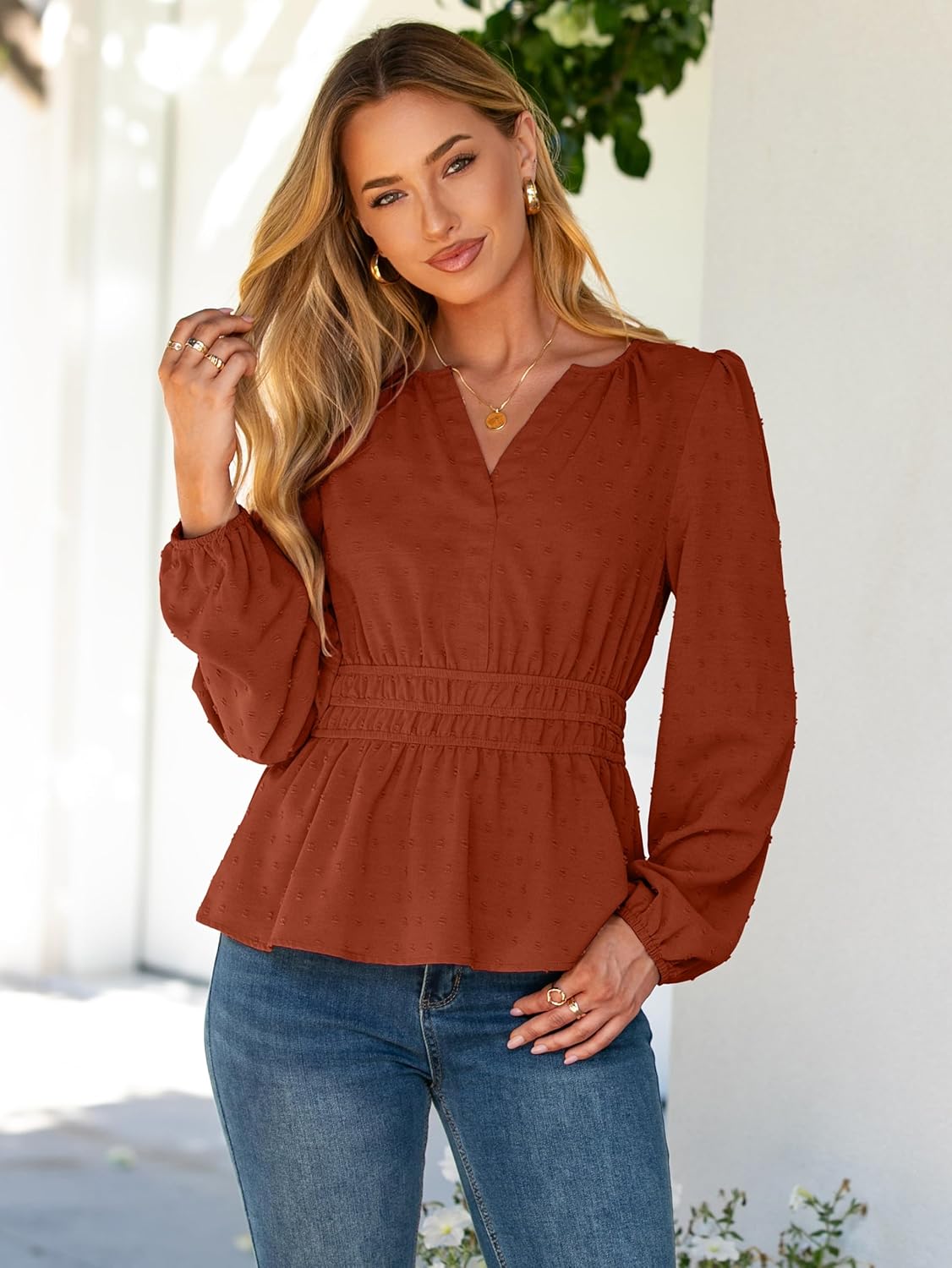 Simplee Womens Blouses Long Sleeve Peplum Boho Tops Fall Dressy Casual V Neck Swiss Dot Babydoll Tops Fashion Shirts - Image 2