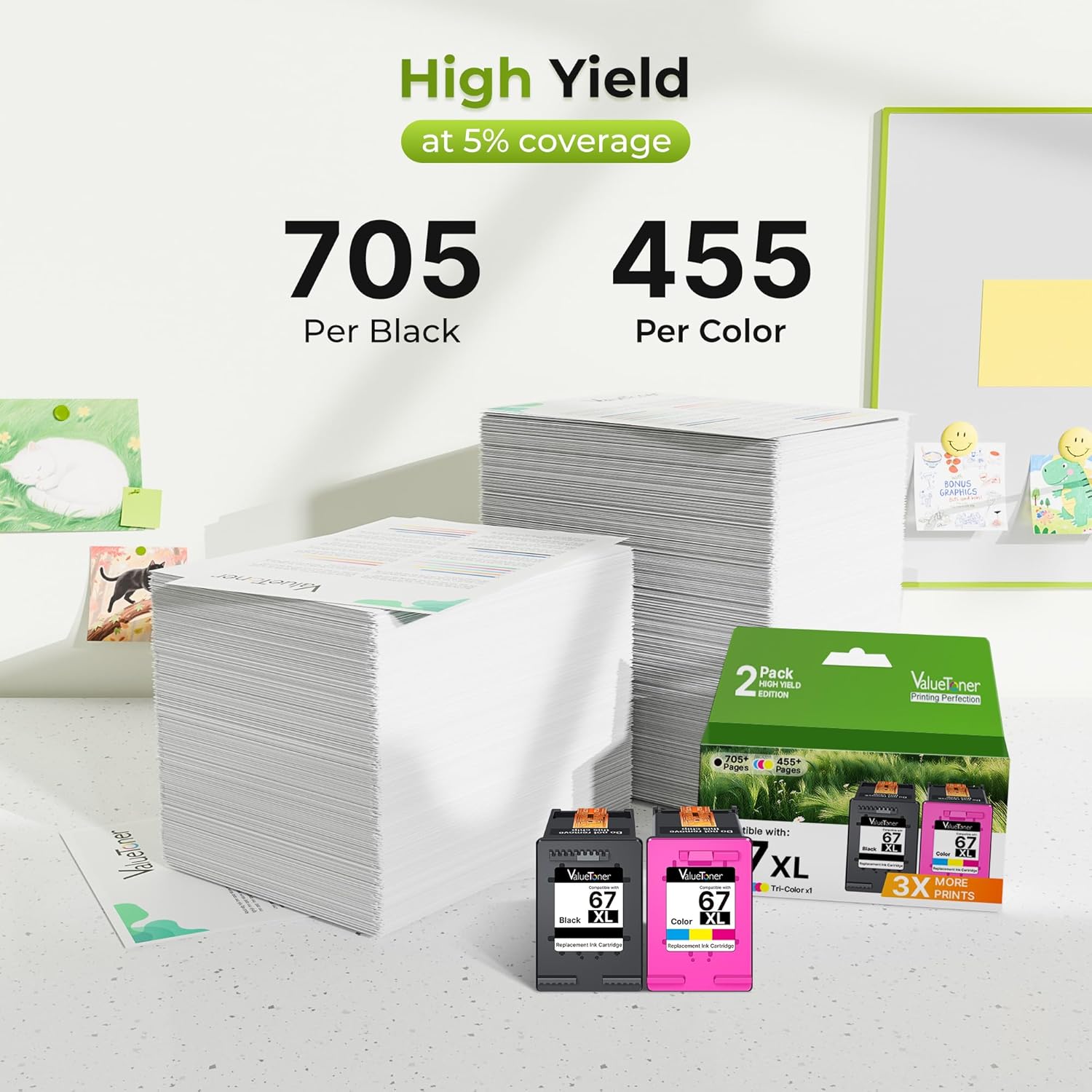 67XL Ink Cartridges Black/Color Combo Pack Replacement for HP Ink 67 67XL HP67 HP67XL for DeskJet 2855e 2827e 2755e 2700 2755 4152 4155e Envy 6055 6055e 6052 6455e 6452 6458 2-Pack