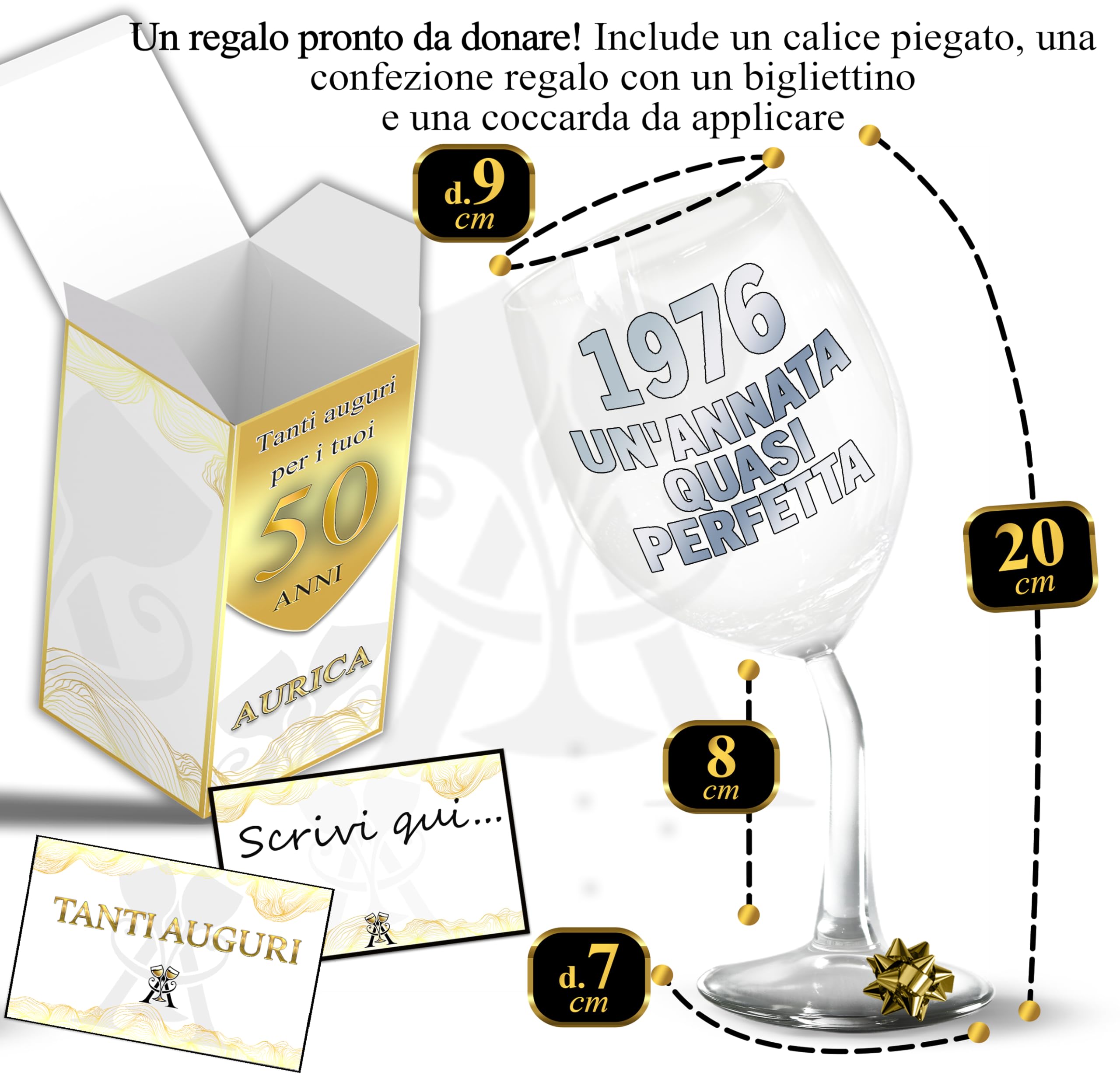 Calice Vino Personalizzato 50 ANNI - Bicchiere Piegato Da 440ml In Cristallino Per Compleanno 50 anni Uomo E Donna con Scatola Regalo Inclusa - Regalo Originale 1976 Un’Annata Quasi Perfetta