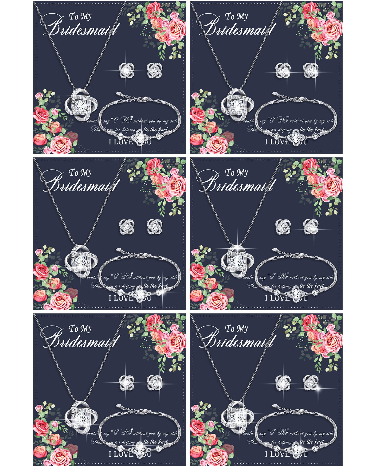 Yinkin 6 Bridesmaid Jewelry Sets Silver Wedding Jewelry Sets Will You Be My Bridesmaid Necklace Earrings Bracelet with Card Proposal Gift for Women Bridal Costume Accessories