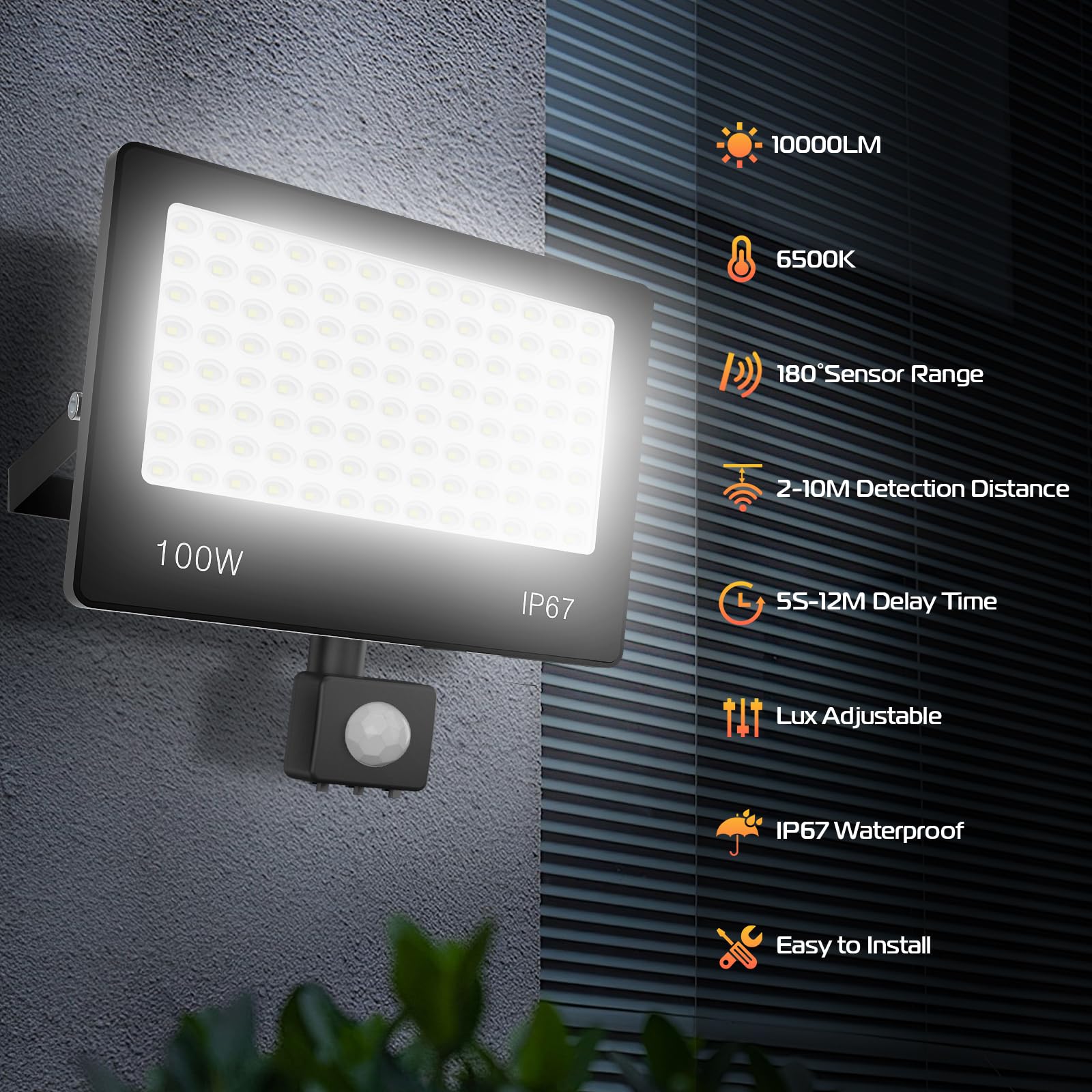 100W 10000LM Strahler mit Bewegungsmelder Aussen, 2 Stücke 104 LEDs Fluter Super Hell Kaltweiß LED Scheinwerfer 6500K, IP67 Wasserdicht Außenstrahler für Garten, Innenhöfe, Garage, Fahrbahn