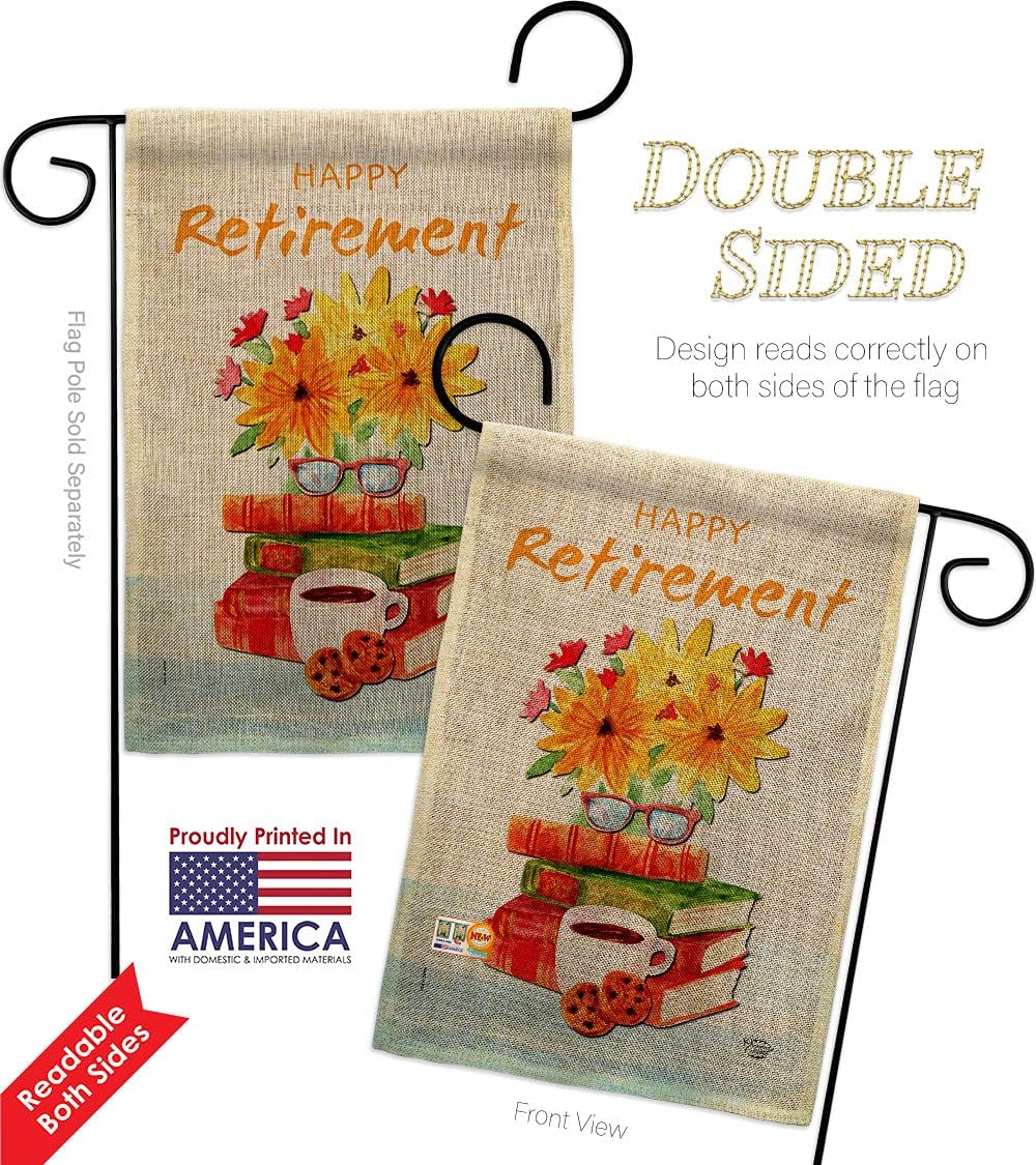 Retirement Activites Burlap Garden Flag Set with Stand Celebration Happy Retired Veteran Congratulations Occasion Anniversary Party Small Gift Yard House Banner Double-Sided Made In USA 13 X 18.5
