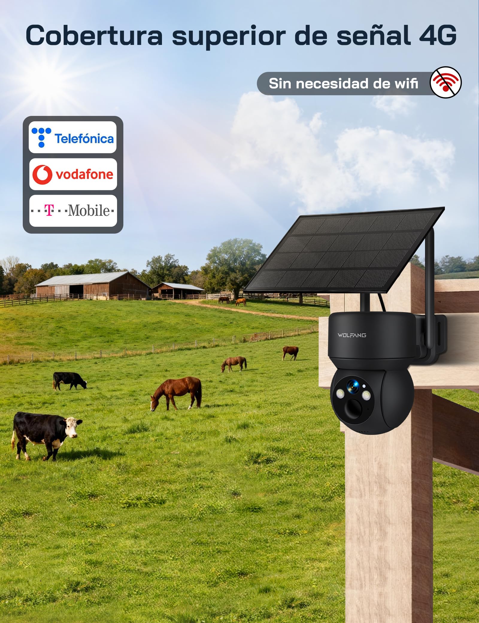 WOLFANG Câmara de Vida selvagem, Celular 4G LTE alimentada por energia Solar com visualização de 2,5 K de vídeo ao Vivo, inclinação de 355°, Ajuste Remoto de 90°