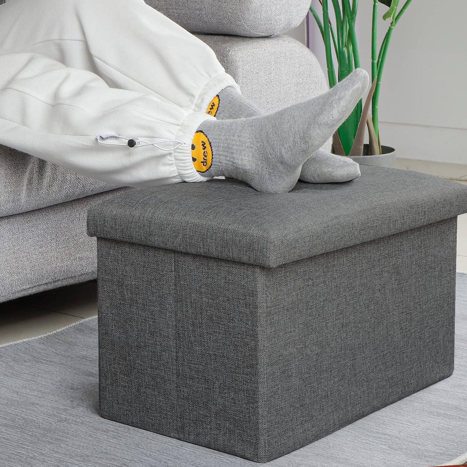 Oceano Pouf Contenitore Pieghevole Poggiapiedi Sgabello in Misto Lino Cassapanca Bauletto Ottomane Porta Giochi Organizzatore Poltrona per Soggiorno Ingresso Camera da letto (Grigio 48x30x30)