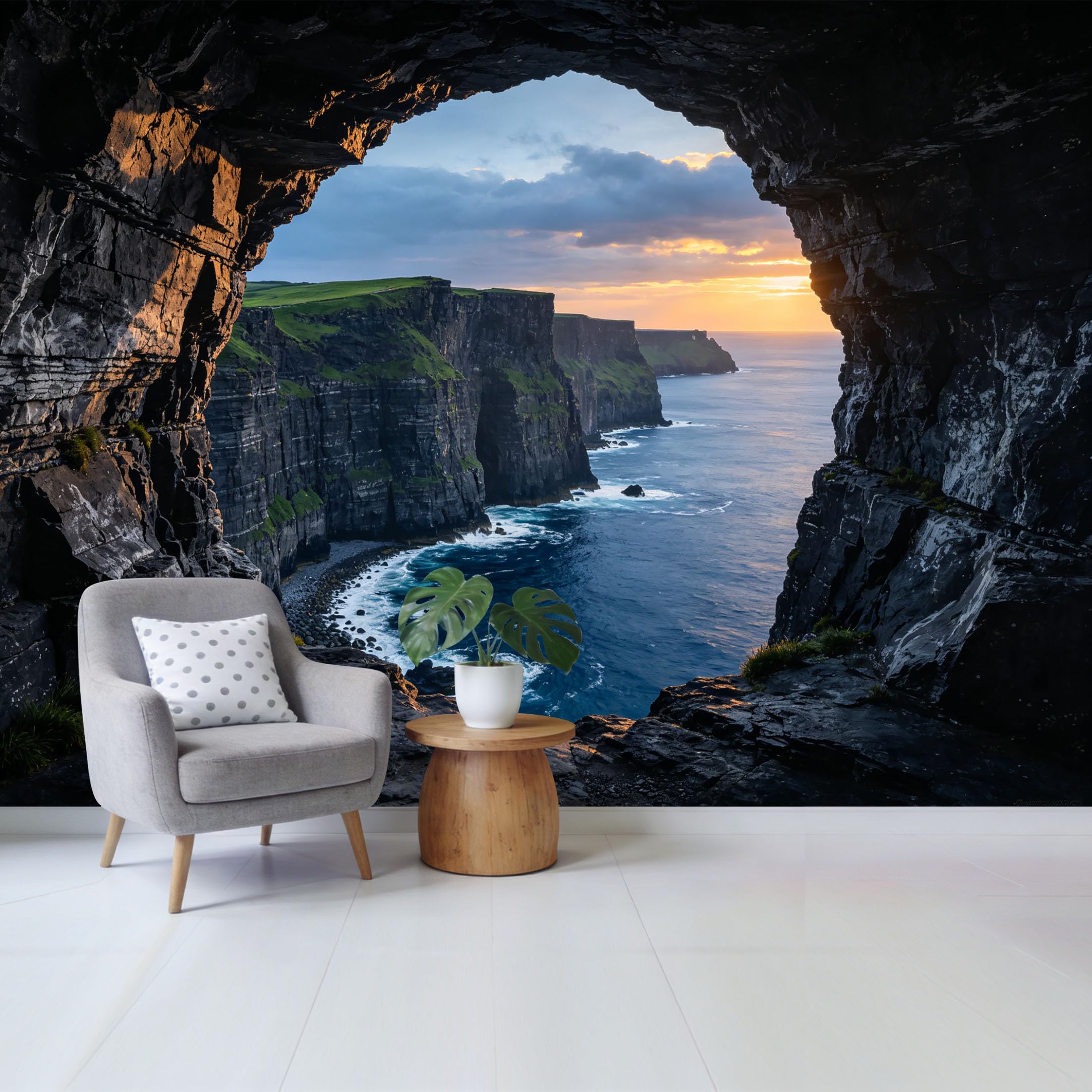 Custom Size Wall Mural Coastal Cliff Cave Ocean View at Sunset Landscape Removable Self Adhesive Fabric Home Wall Decor for Living Room Bedroom Bathroom