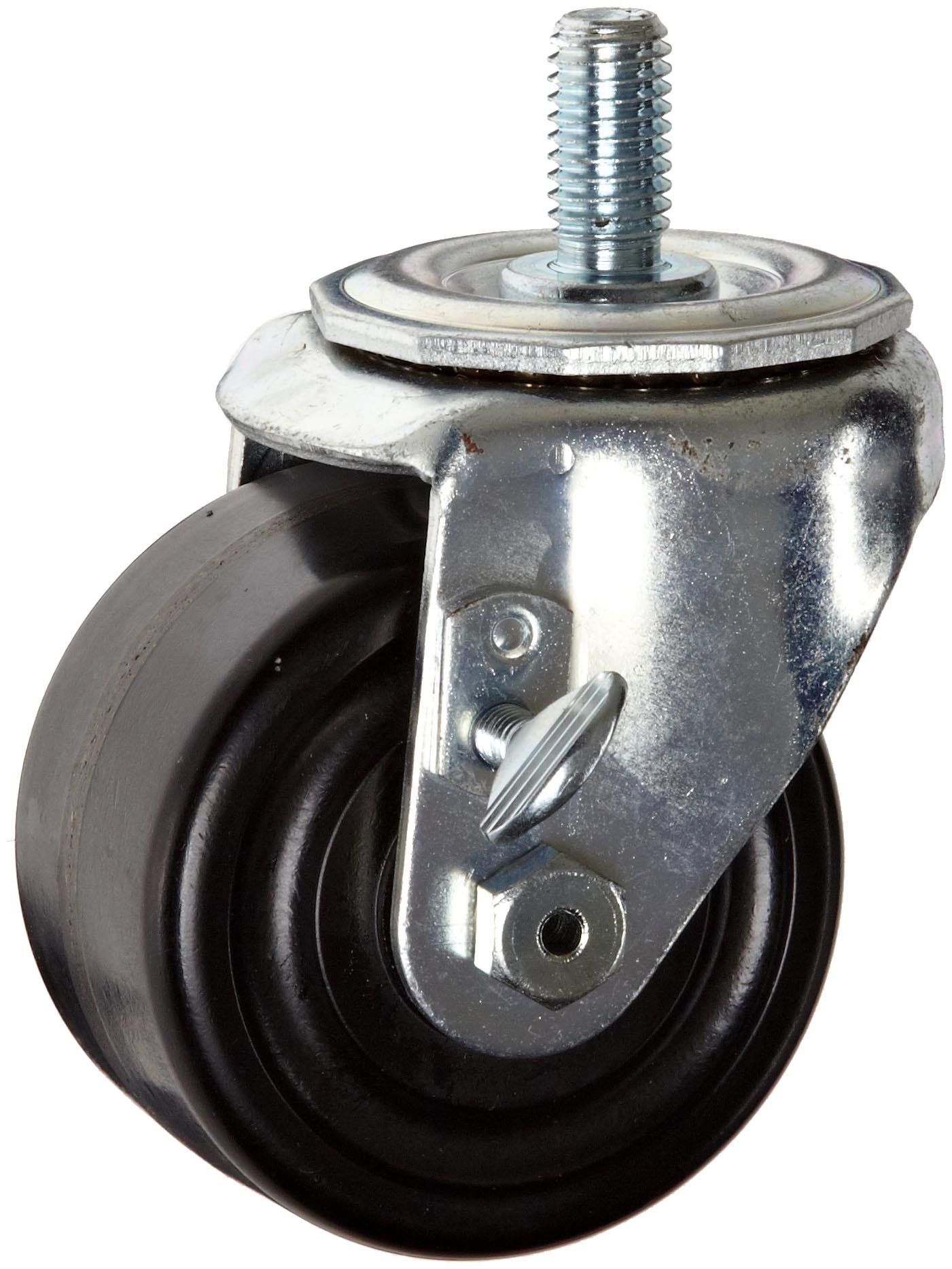 E.R. Wagner Stem Caster, Swivel with Thumb Screw Brake, Dual Wheel, Hard Rubber Wheel, Delrin Bearing, 200 lbs Capacity, 2" Wheel Dia, 13/16" Wheel Width, 2-15/16" Mount Height, 7/16" Stem Dia, 1-3/8" Stem Height