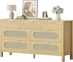 DWVO 7 Drawer Dressers Storage Cabinet Natural Rattan Oak Wooden Chest with Golden Handles - Modern Large Closet Boho for Living Room/Hallway/Entryway