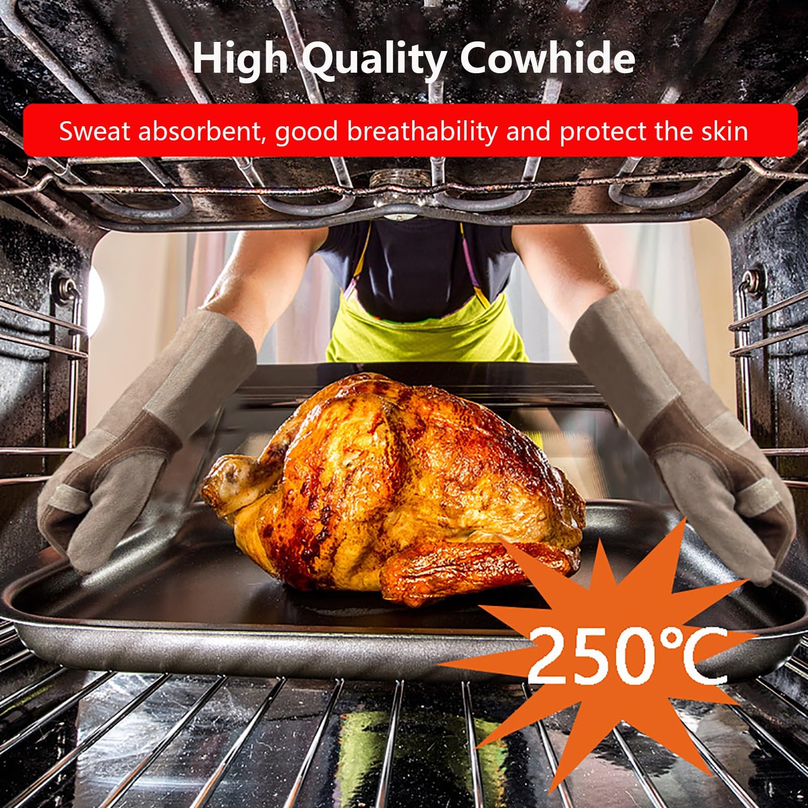 Schweißerhandschuhe für Männer, Hochtemperatur-Kochhandschuhe, Dicke & Abriebfeste Arbeitshandschuhe für BBQ, Backofen, Braun(L)