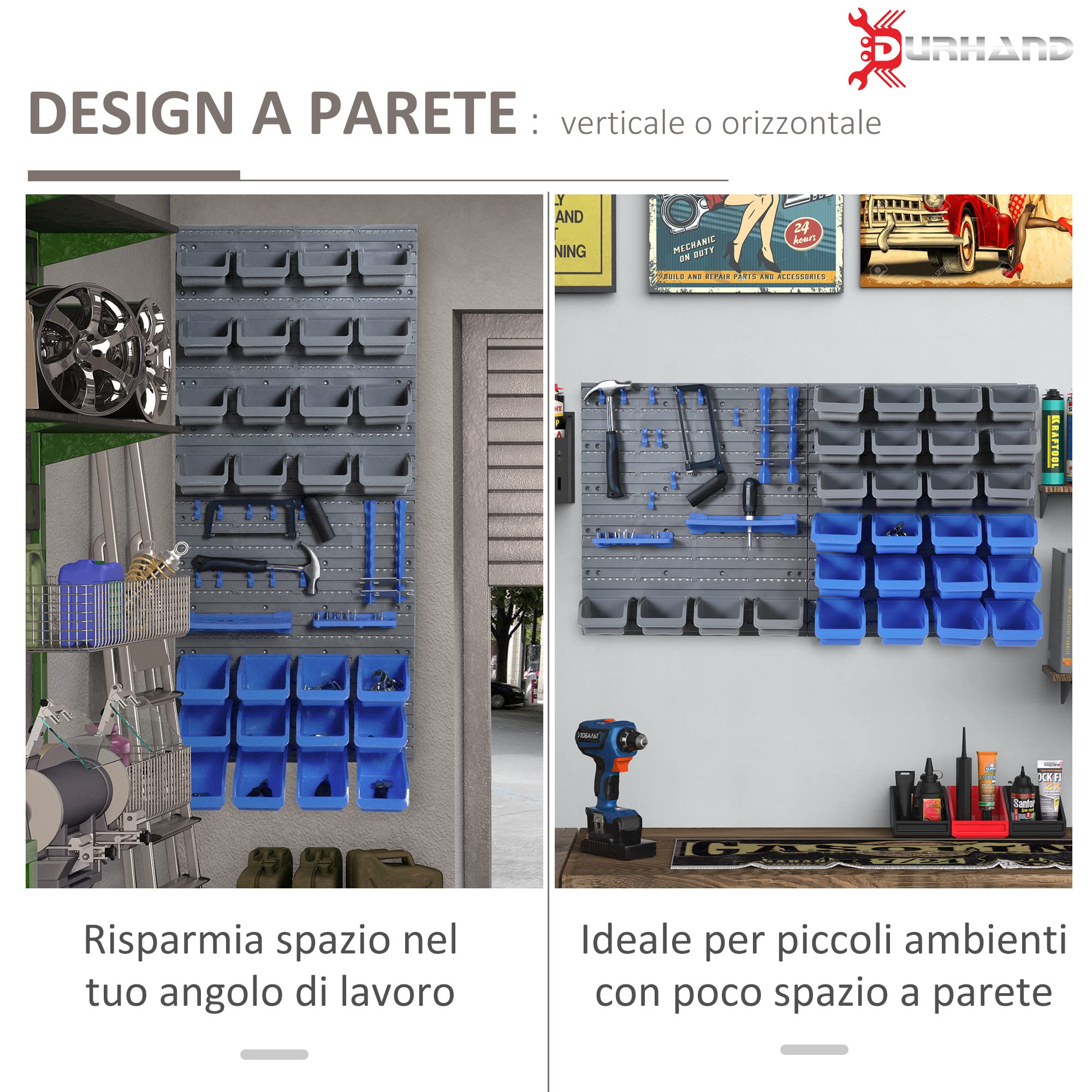 DURHAND Cassetta Portautensili da 44pz con Scatole Regolabili e Rimovibili, Montaggio a Muro, in PP Blu e Grigio, 54x22x95 cm
