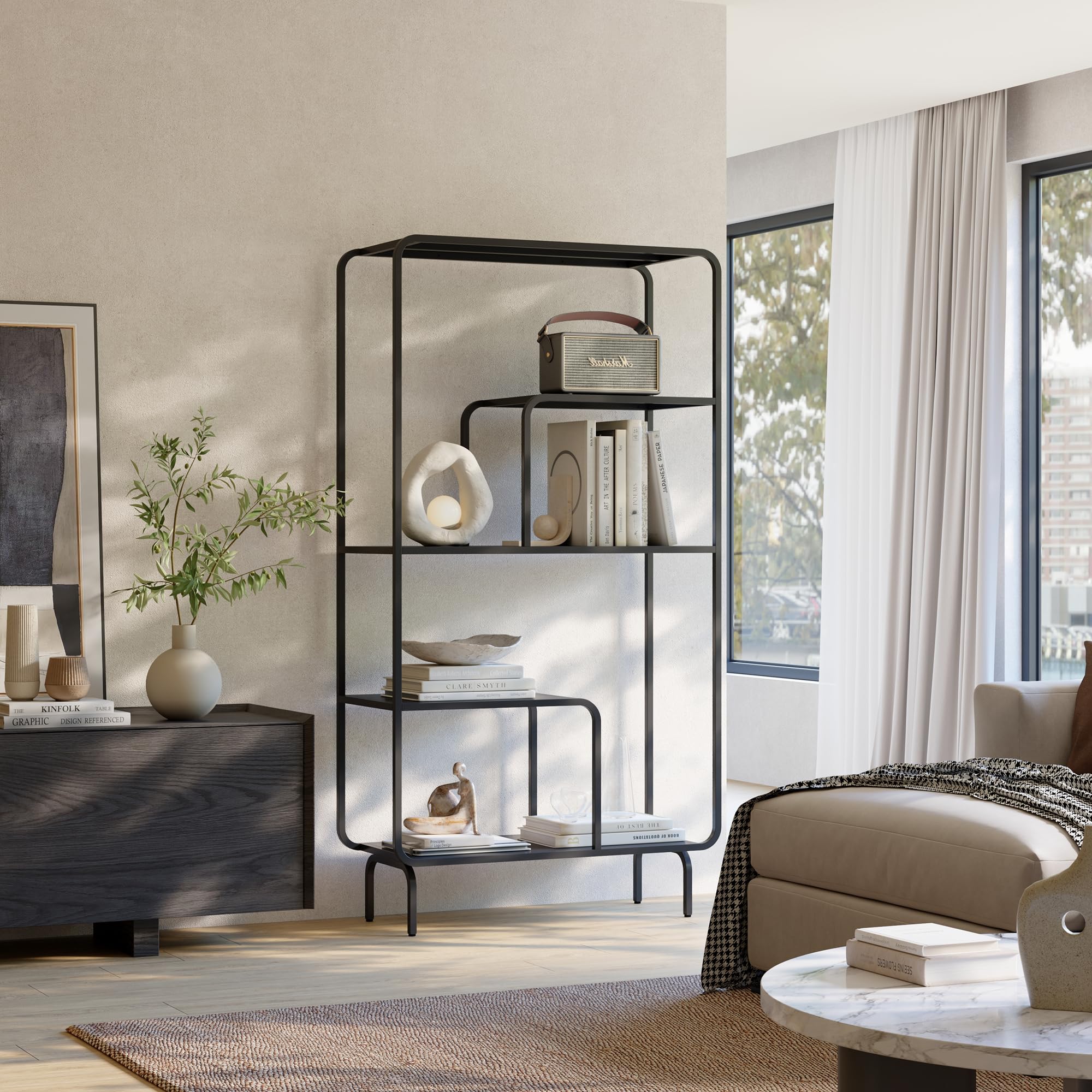 [en.casa] Regal Færder Bücherregal Industrial Standregal hoch Metall 145 x 76 x 33 cm Wohnzimmerregal multifunktional offenes Regal Ablagen modern Schwarz