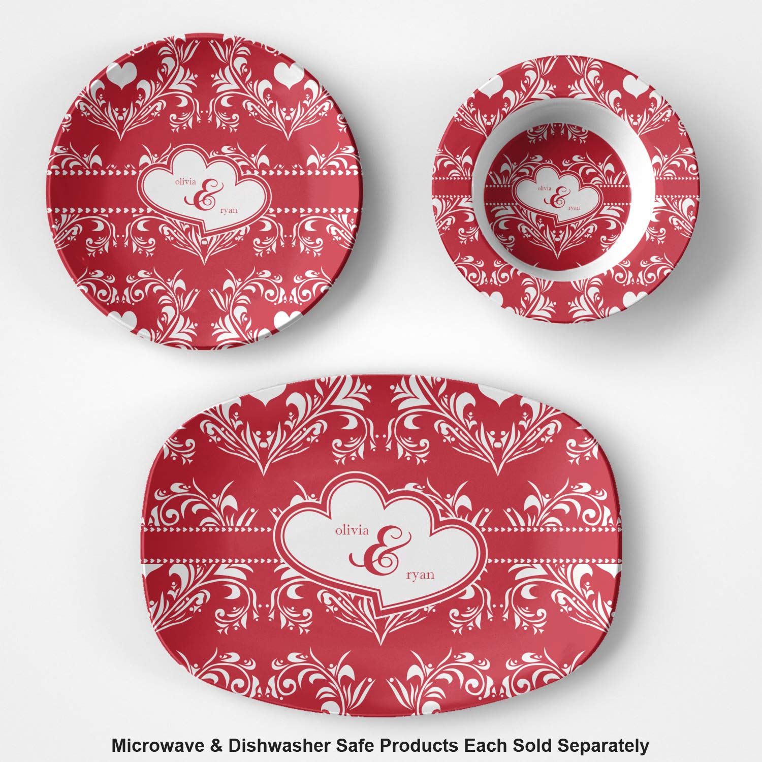 Personalized Heart Damask Plastic Bowl - Microwave Safe - Composite Polymer