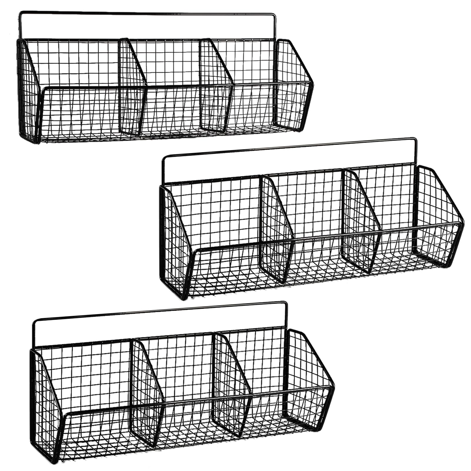Gzsekken Wall-Mounted Hanging Kitchen Storage Baskets,Metal Storage Baskets with 3 Sections Wire Basket Kitchen No Drilling Adhesive Storage Basket Organiser Rack for Shower Cabinet Door,Black-3 Pack