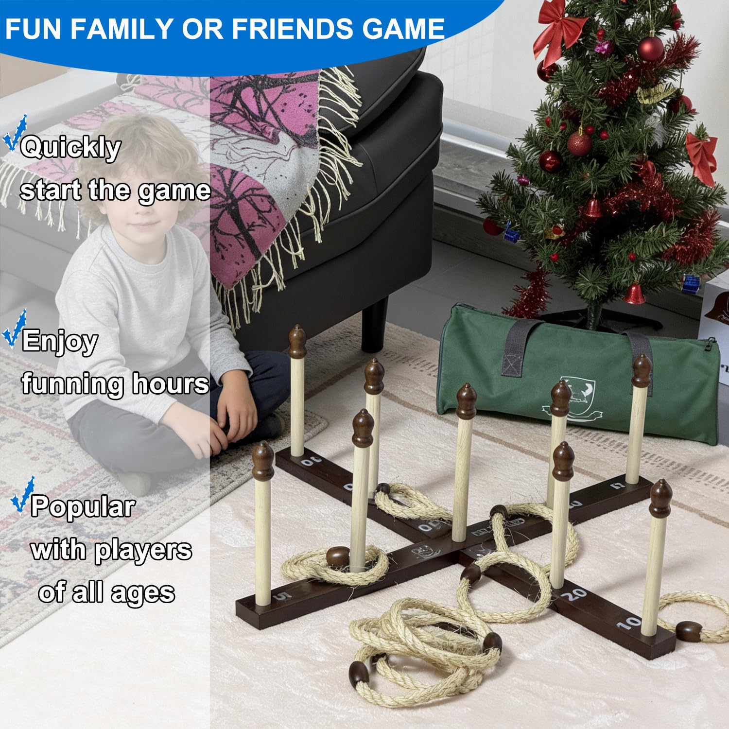 Juego de lanzamiento de anillos de madera con bolsa de transporte