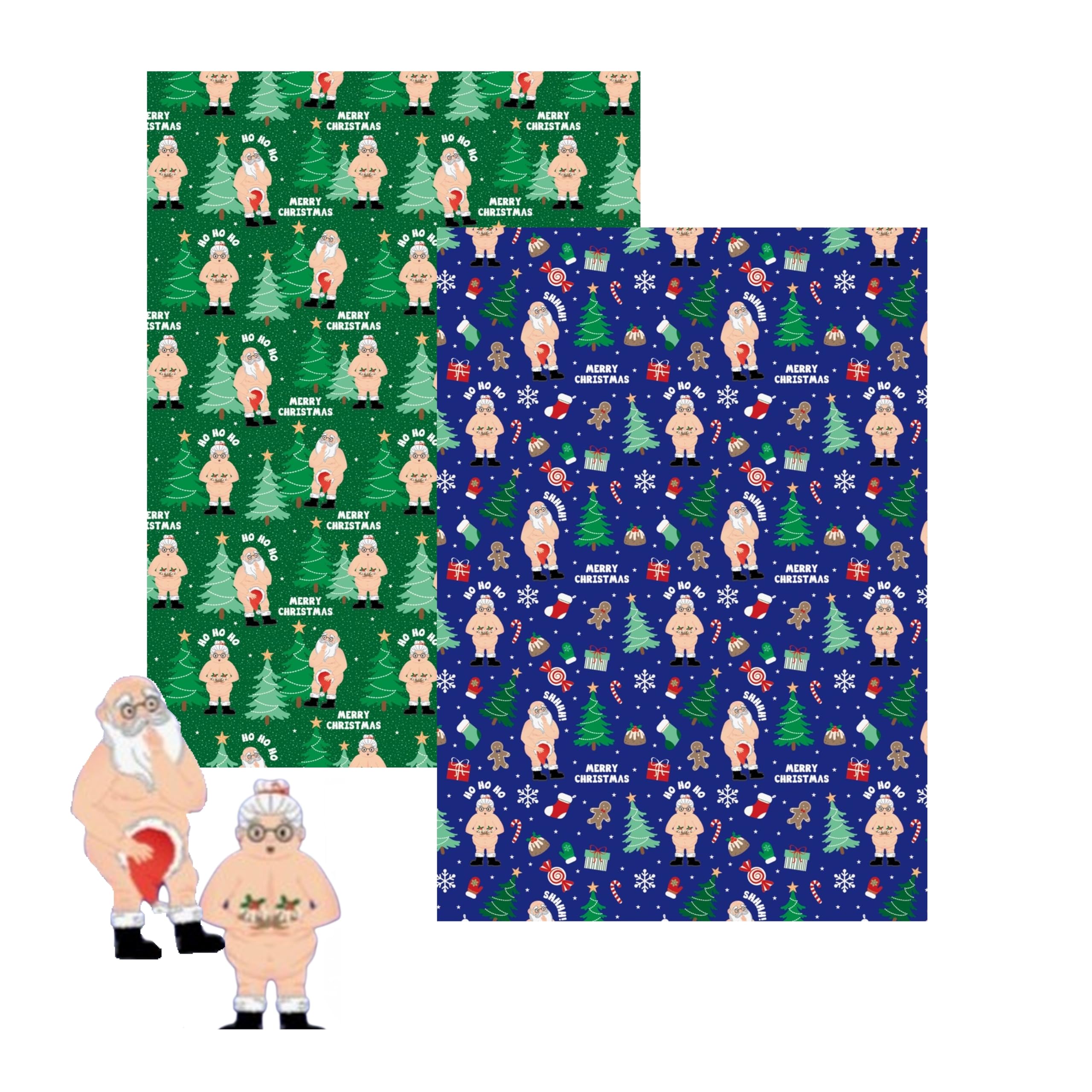 Set Of 2 Rude Novelty Christmas Wrapping Paper Rolls - Green & Blue Rude Nude Santa Festive Wrap - Novelty Funny Wrap - 50cm x 15m - Joke Xmas Wrapping Paper Roll