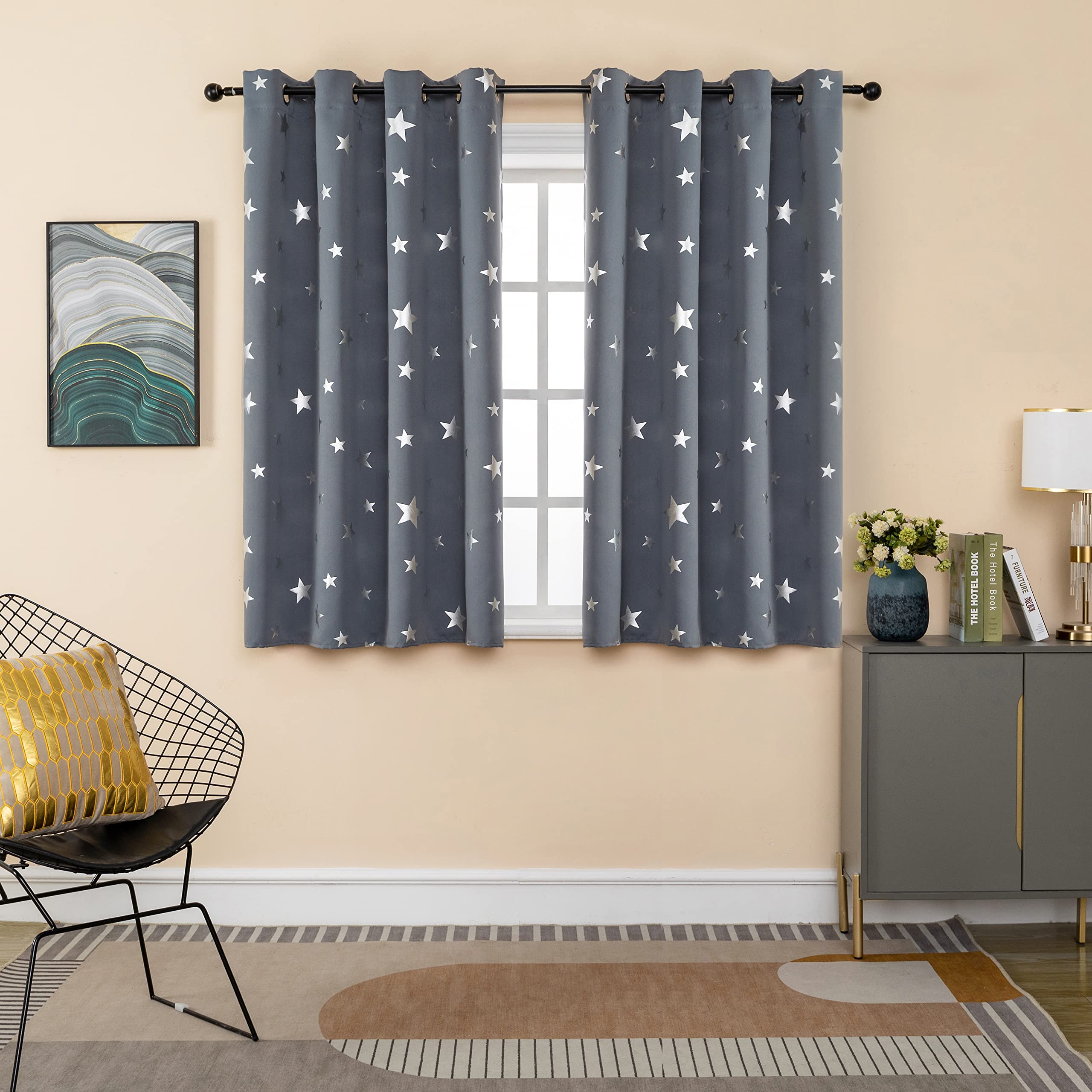 Tende Semi Oscuranti Grigie Con Stampa Geometrica Nera - Set 2 Pannelli 70x148 Cm Per Casa - Foto 8