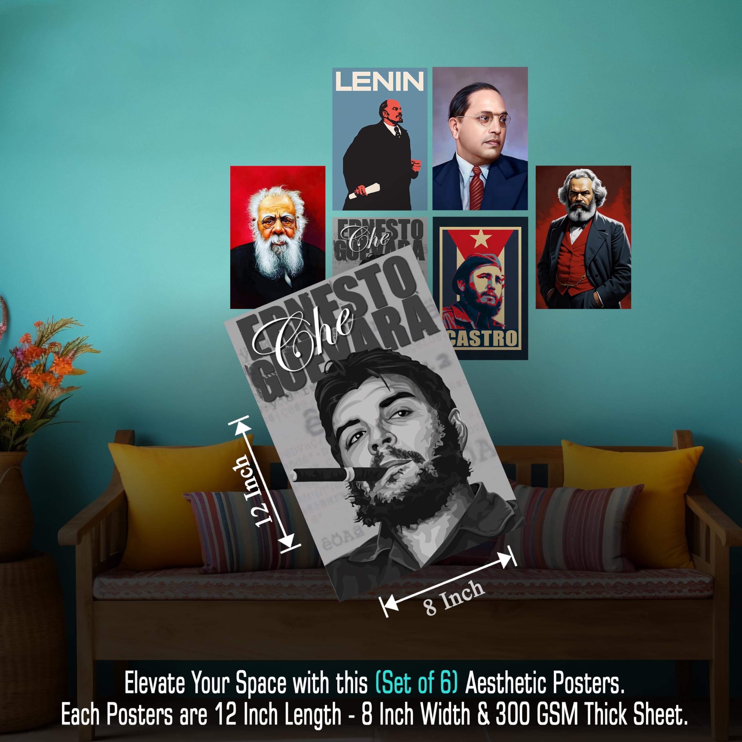 Motivational Posters For Wall (Pack of 6) - Ambedkar, Periyar, Karl Marx, Vladimir Lenin, Che Guevara, Fidel Castro Posters For Room Decoration | Inspirational Stickers of National Leaders (12 X 8") 3