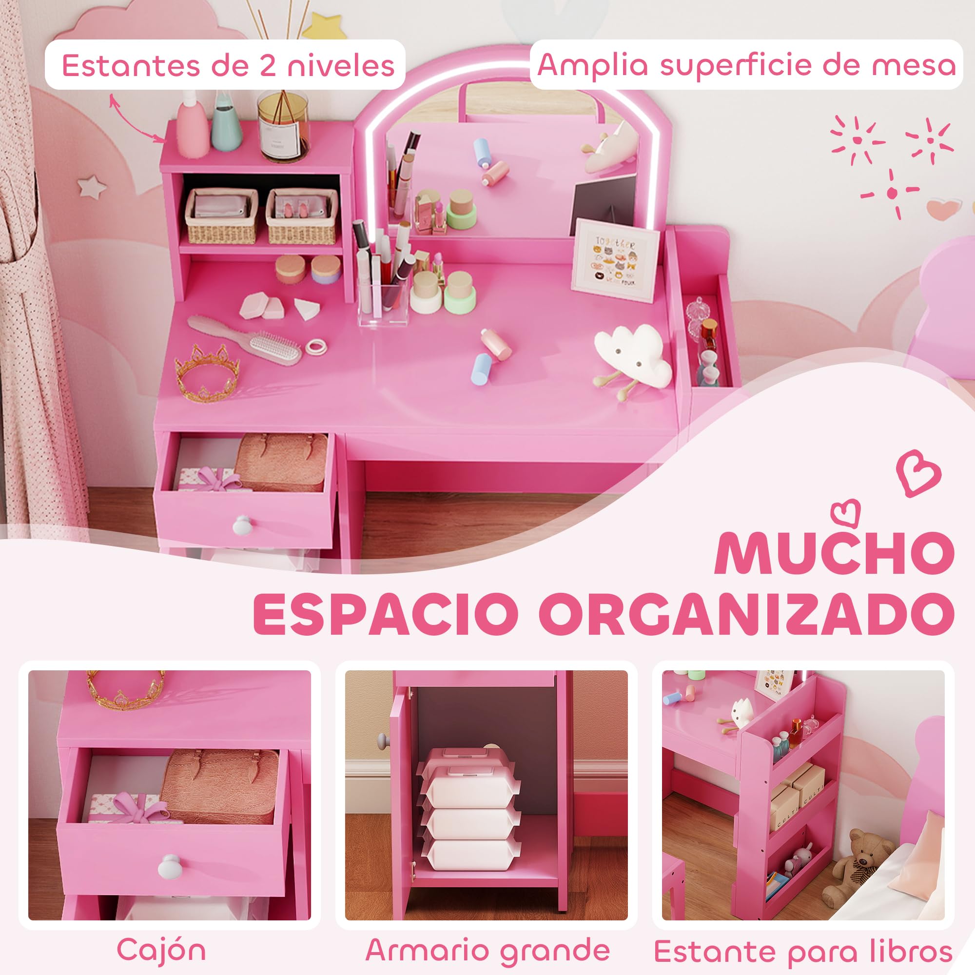 AIYAPLAY Tocador de Maquillaje Niña con Taburete para 3 a 8 Años Rosa | Tocador Infantil, Espejo con Luces LED, 1 Cajón, Armario y 5 Estantes, para Niños