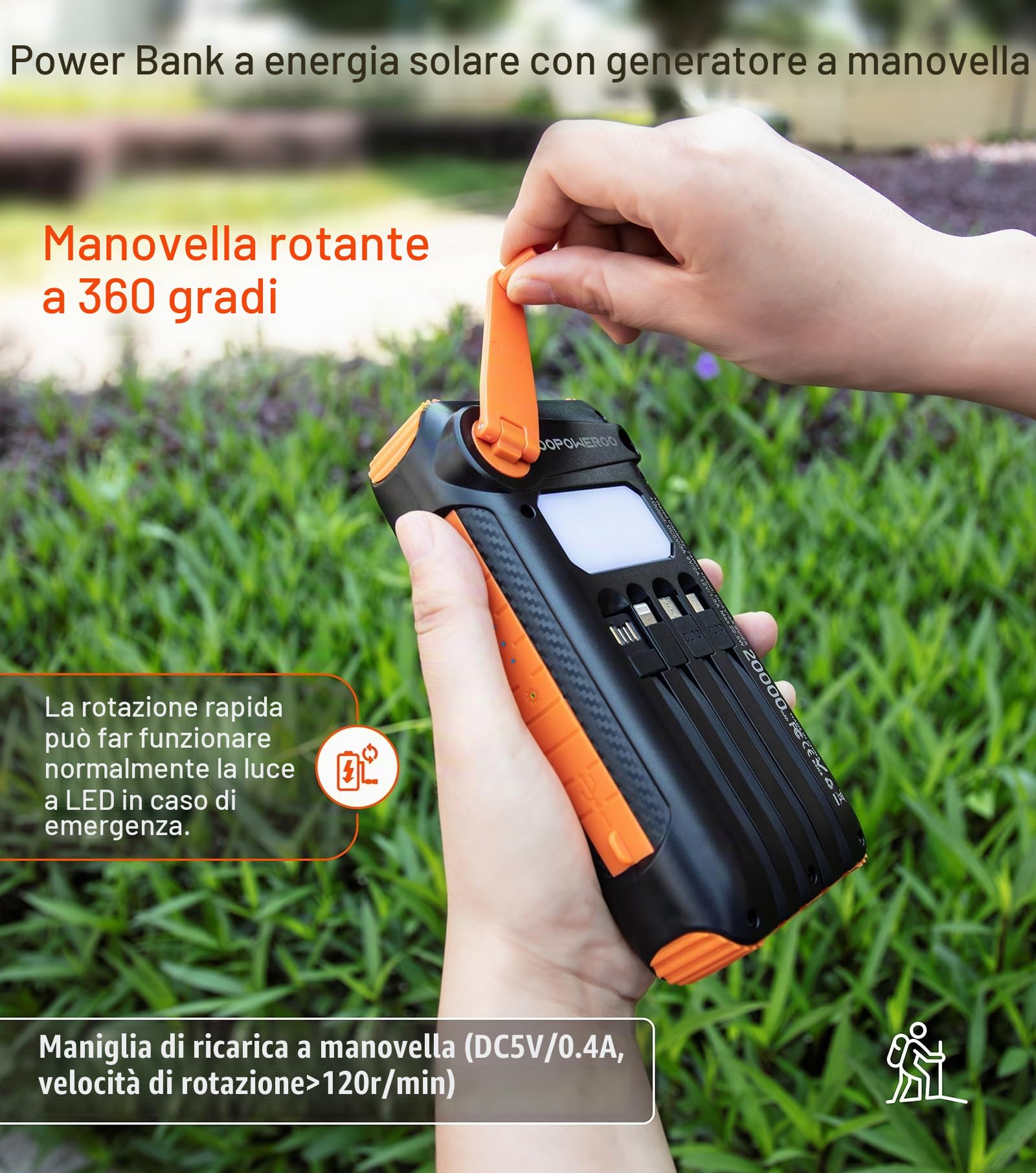 Solar Power Bank 20000 mAh con manovella integrata e 4 cavi 22,5 W ricarica rapida Power Bank 5 uscite e 5 ingressi caricatore portatile solare, SOS/stroboscopio/torce forti, moschettone