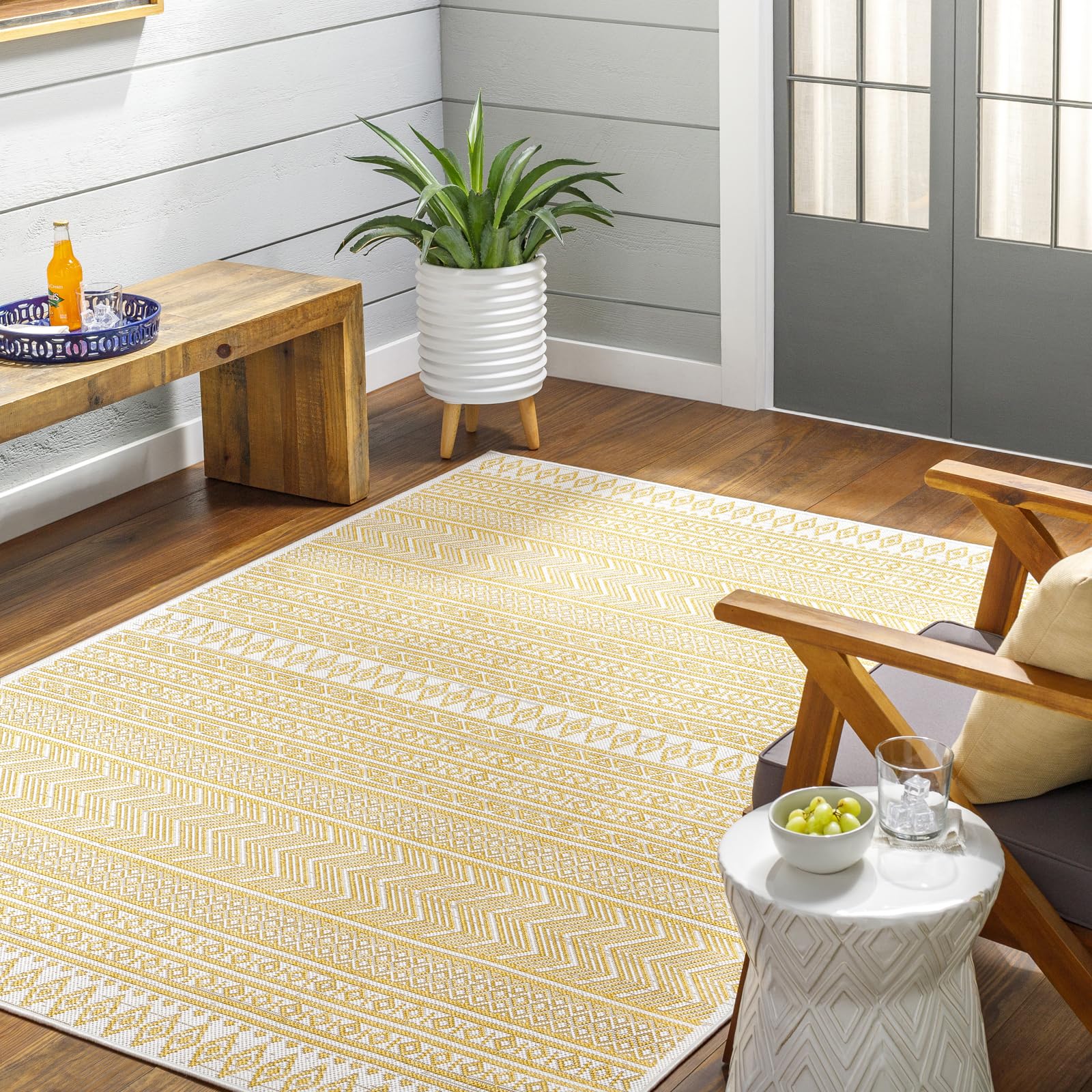 Livabliss Mimi Motril Geometric Indoor Outdoor Carpet 130x180 cm – Patio, Garden, Decking, Boho Pattern, UV & Weather Resistant, Stain Durable, Mustard & Ivory