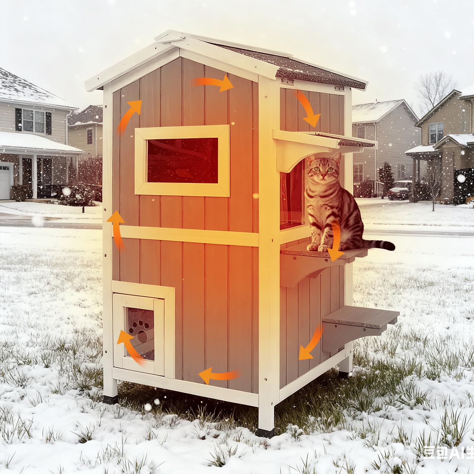 2-Story Outdoor Cat House, Weatherproof Cat Shelter with 2 Platforms, 2 Escape Doors, Openable Roof, Removable Floor, Ideal for Feral Cats in Outdoors
