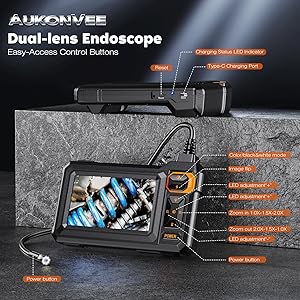 Borescope Dual Lens Endoscope Camera with Light, 4.3" IPS 1920P HD Inspection Camera, 7.9mm IP67 Waterproof with 8+1 Adjustable LEDs, 16.5FT Semi-Rigid Snake Cable for Mechanic, Cool Gadgets for Men