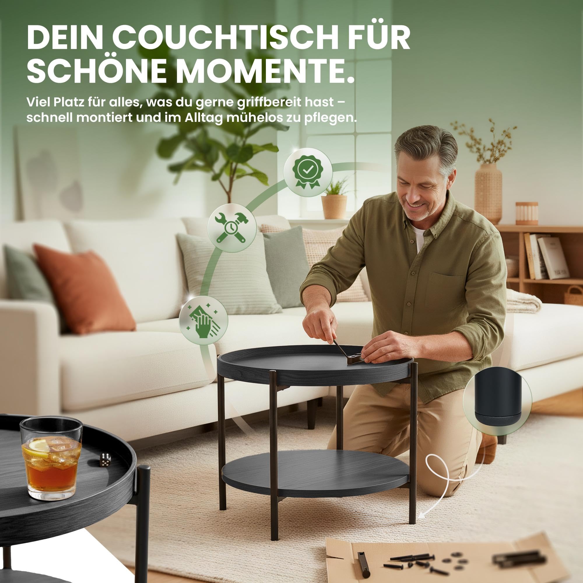 CLP Couchtisch rund Holz Corbitan, Sofatisch 2 Ebenen mit Stauraum, Beistelltisch klein Metallgestell schwarz, Farbe:grau, Größe:Ø 50 cm