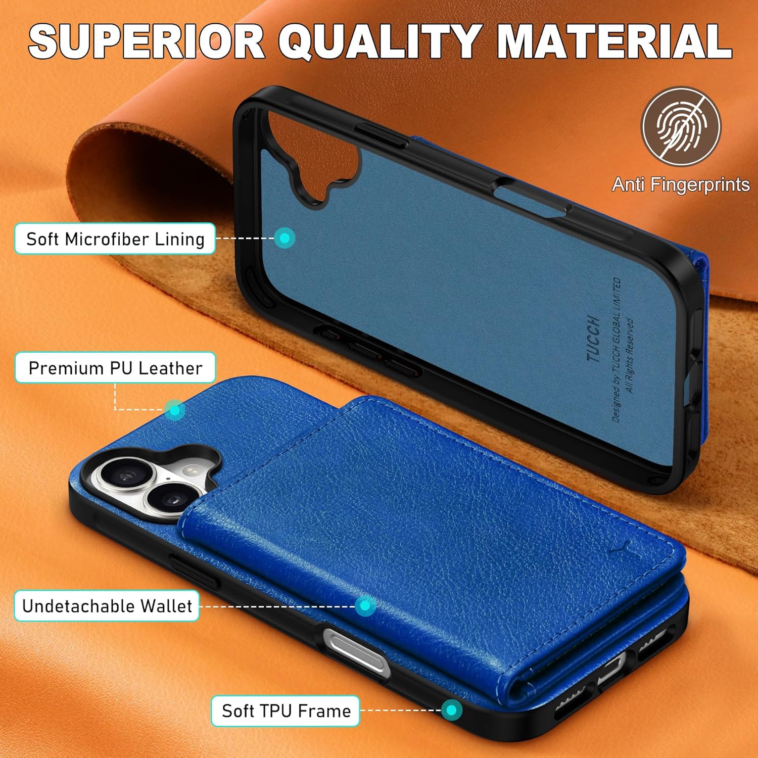 TUCCH Case Wallet for iPhone 16 (6.1"), [Undetachable] PU Leather Wallet with RFID Blocking [6 Card Holder] Magnetic Closure, Protective Anti-Slip Shockproof Phone Cover for iPhone 16 2024, Klein Blue