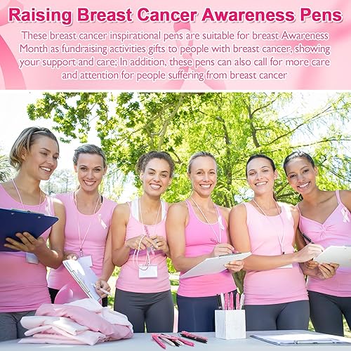 Miniatura 5 de Seajan 100 bolígrafos de concientización sobre el cáncer de mama, a granel, cinta rosa, retráctiles, para cáncer de mama rosa, tinta negra,