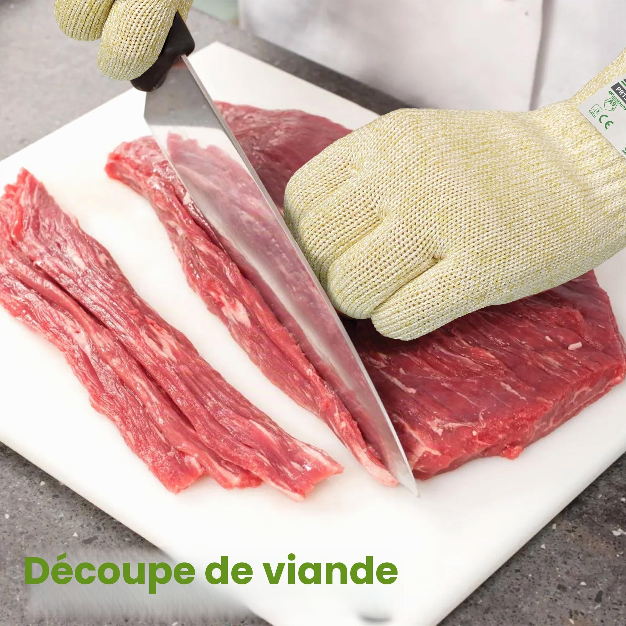Schwer Gants résistants à la coupure LEVEL A9/F, conformes aux normes américaines et européennes les plus strictes, protection ultime contre la coupure, sans PFAS(beige,2pairs,M)
