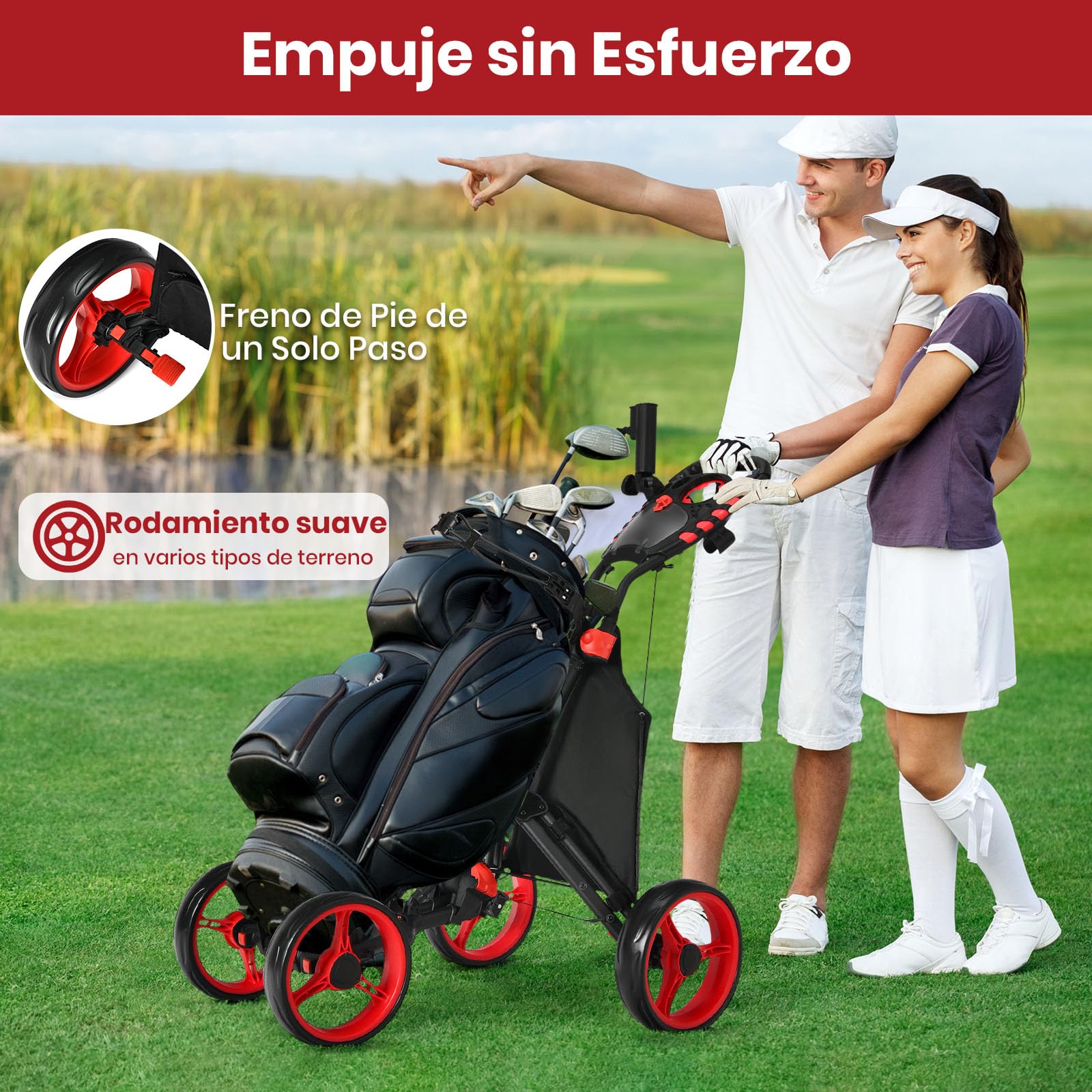 GOPLUS Carrito de Golf Plegable con 4 Ruedas, Carro Golf Ligero con Bolsa Impermeable, Freno de pie, Soporte para Paraguas Ajustable, Portavasos y Asa Ajustable, 110 x 100 x 65 cm
