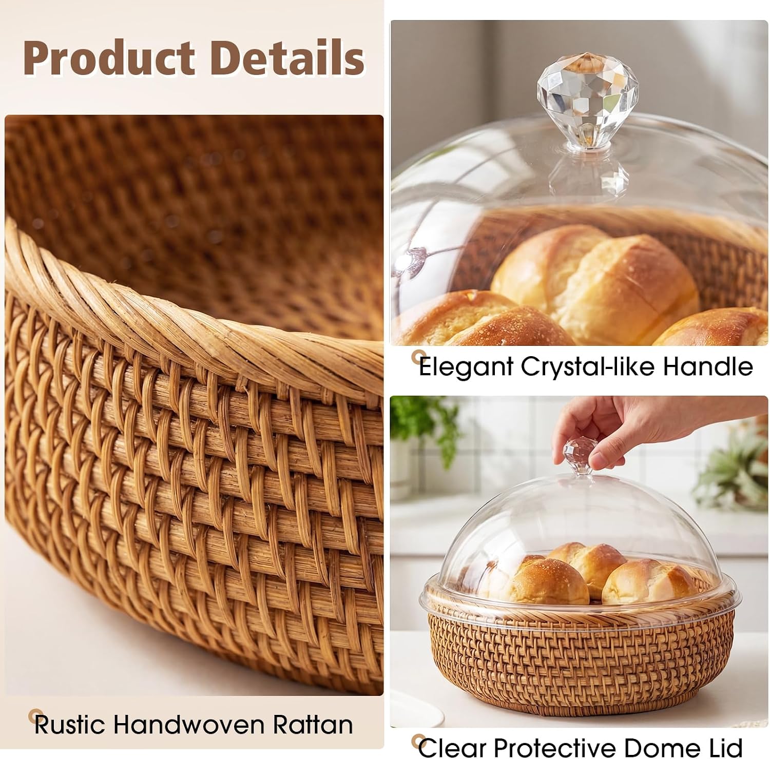 LemonRoad 2 Pcs Natural Rattan Bread Baskets with Acrylic Lid 8.6'' 7.6'' Round Serving Wicker Bread Basket Handwoven Storage Bin Holders for Kitchen Picnic Food Fruit BBQ Pool Party Farmhouse Decor