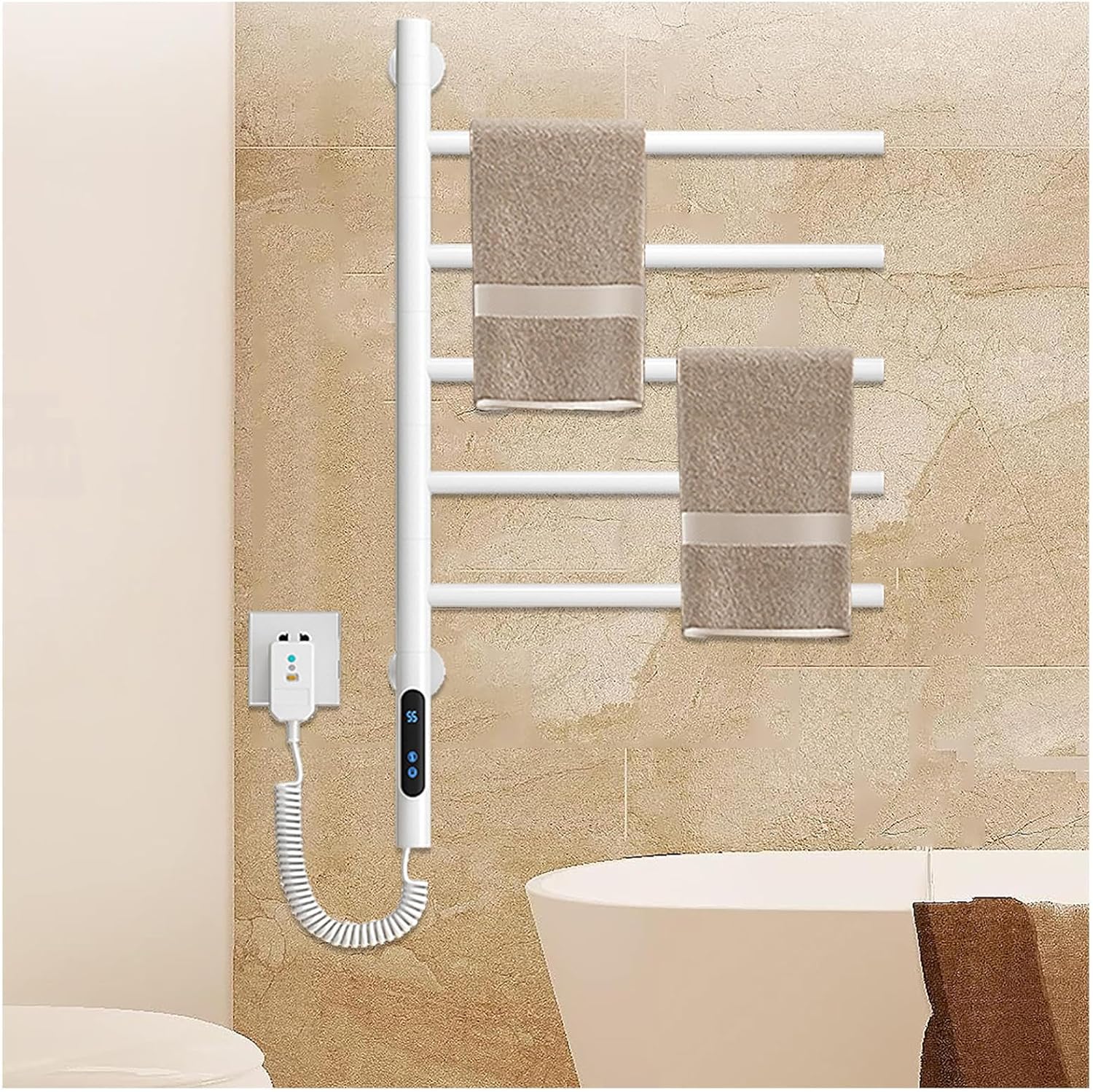 Towel Warmer Rack Rotatable 180°, Heated Towel Racks for Bathroom with Timer,LED Display,Constant Temperature Control, Electric Towel Warmer Plug-in/Hardwired,Gray (White)