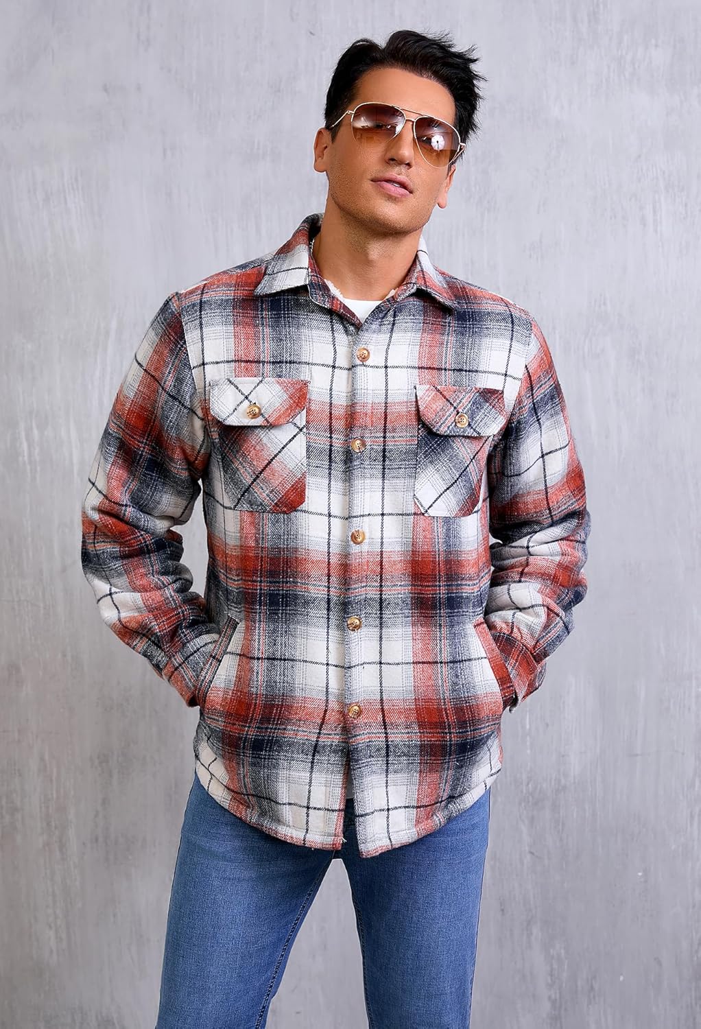 Men's Cotton Sherpa Lined Button Down Flannel Shirt Jacket Plaid Soft Outdoor Flannel Jacket Shirt - Image 3