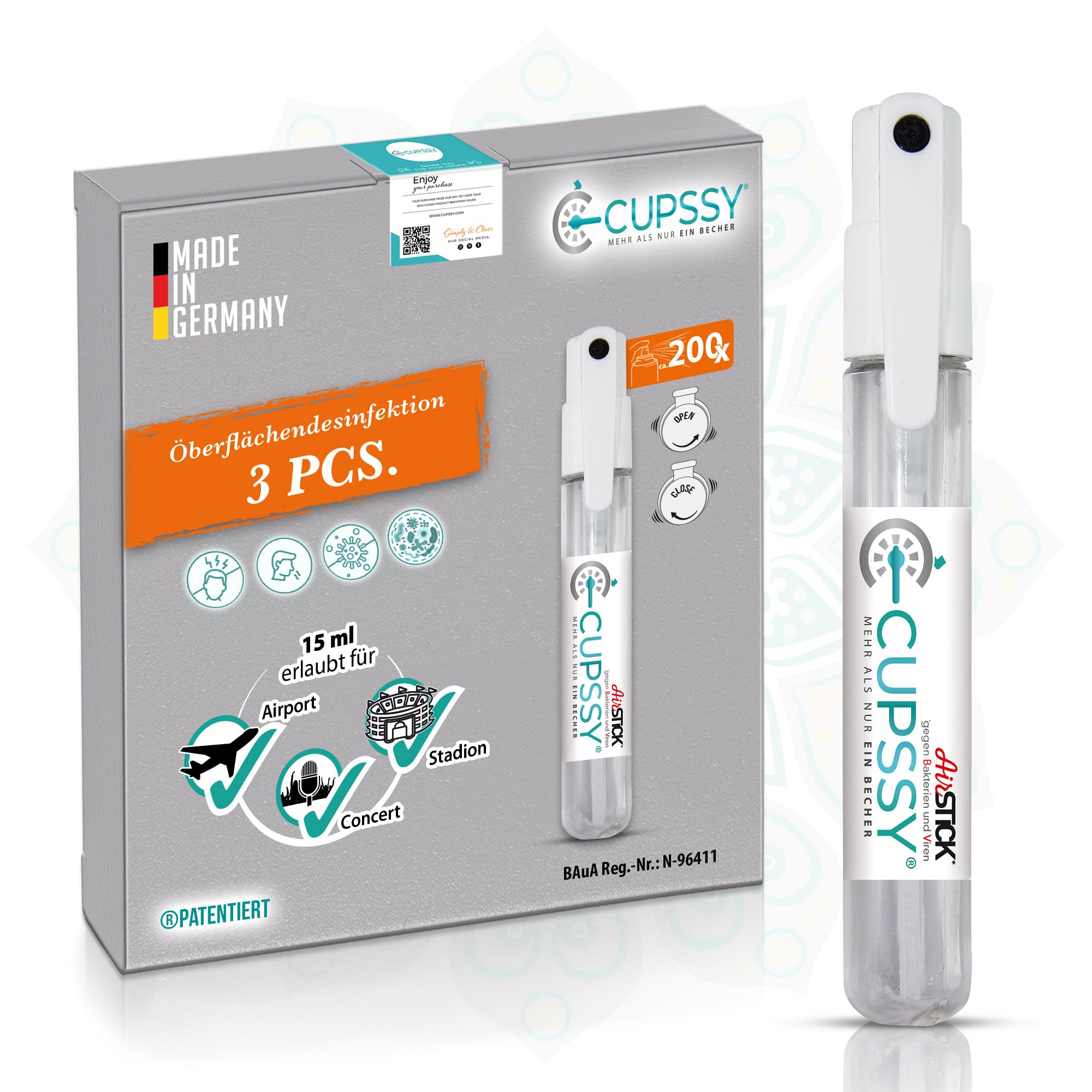 AirStick, Desinfektionsmittel, Reise Flächendesinfektionsmittel, kein auslaufen, Für Robust, Desinfektionsmittel Flächen, bekämpft Bakterien 99,9%, Nachfüllbar, sauber&schonend, 3x15ml