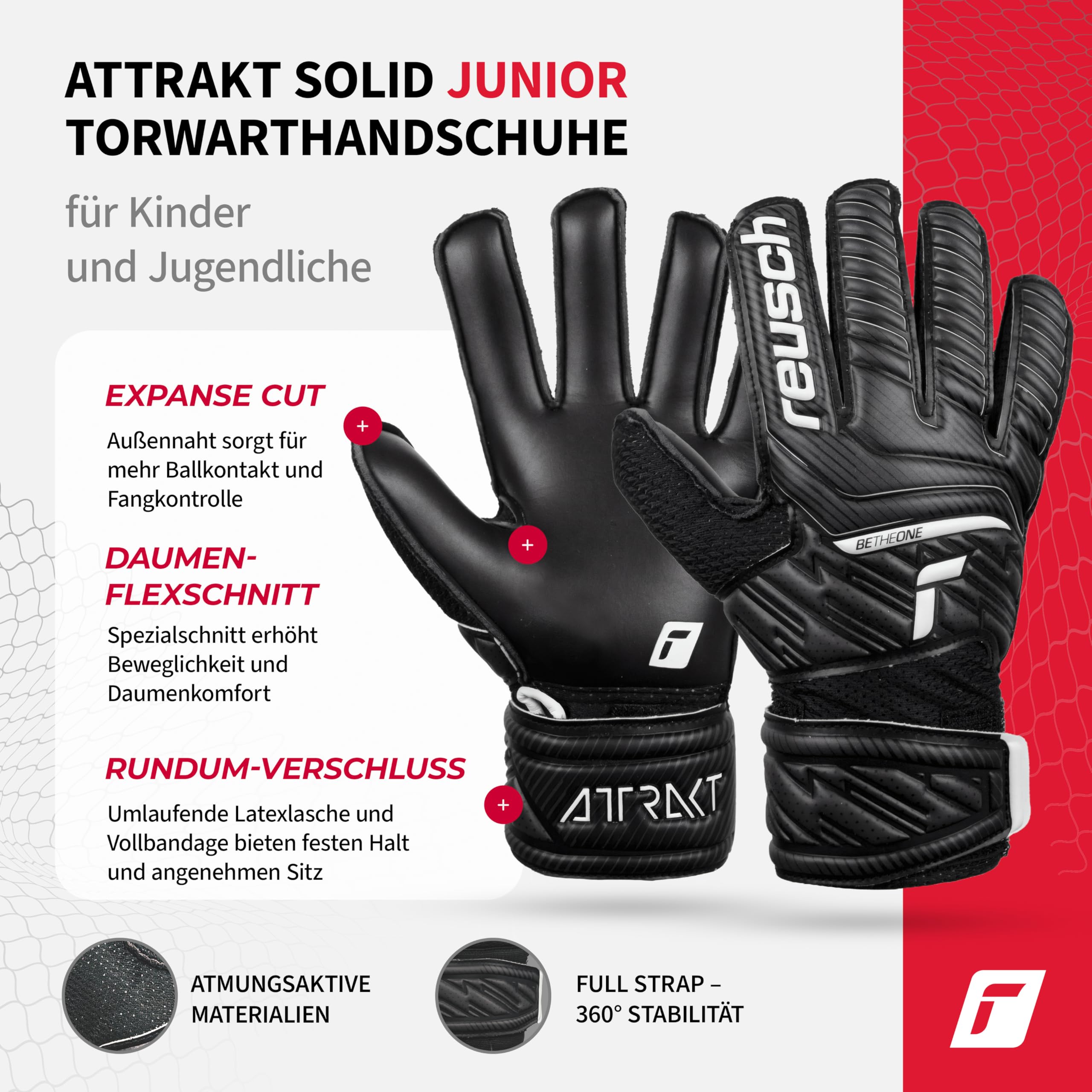 Reusch Attrakt Junior Unisex rękawice bramkarskie z zewnętrznymi szwami i solidną powłoką, odpowiednie do wszystkich powierzchni boisk piłkarskich dla dzieci, chłopców